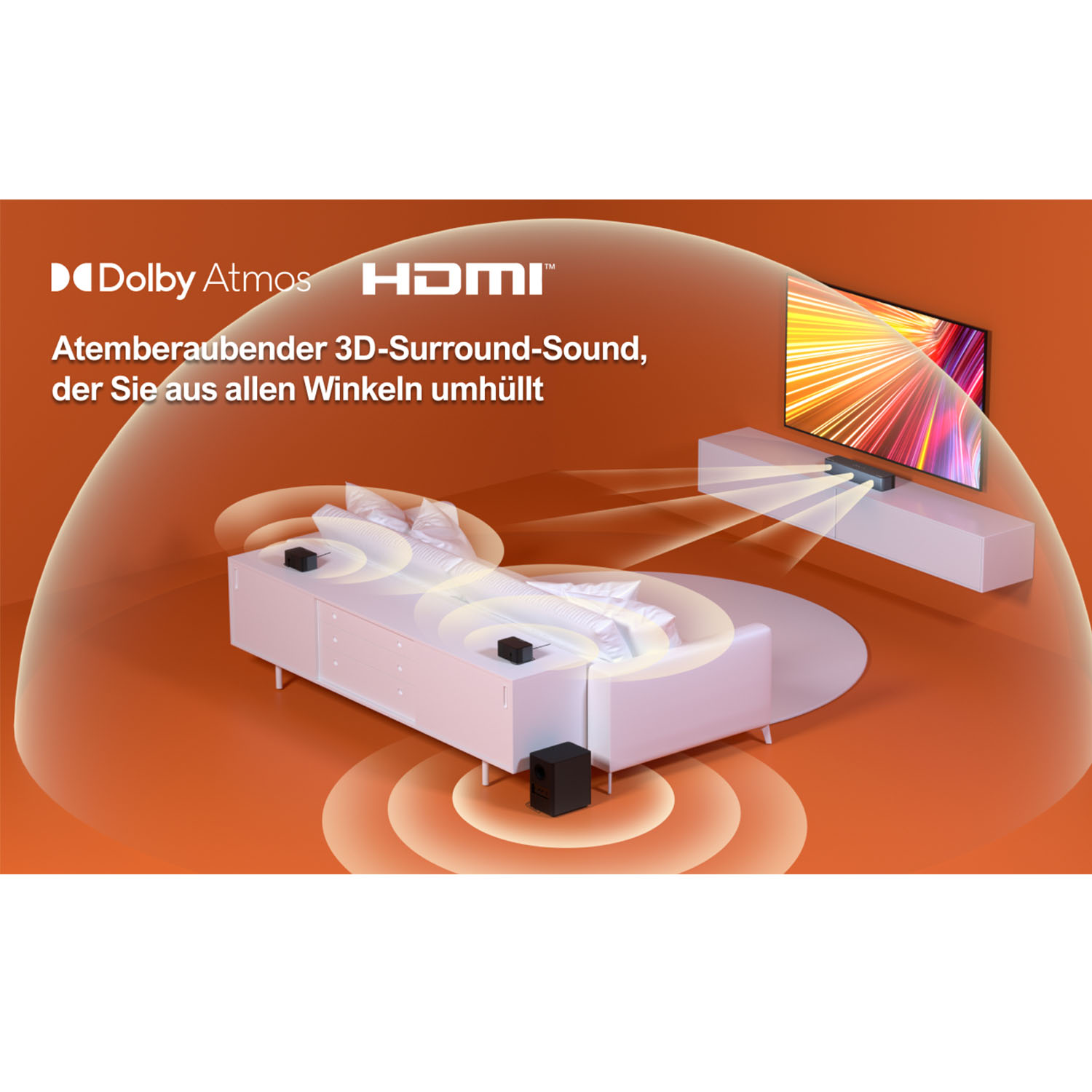 Grafika łóżka i telewizora z falami dźwiękowymi. Logo Dolby Atmos i HDMI w lewym górnym rogu.