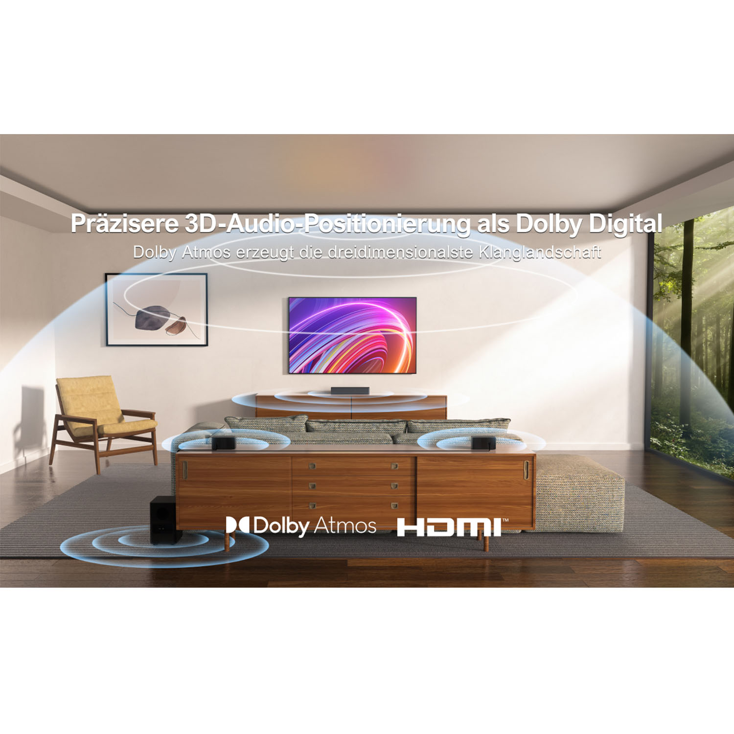 Salon z telewizorem, głośnikami i falami dźwiękowymi. Tekst mówi Dolby Atmos. Okno pokazuje światło słoneczne w lesie.