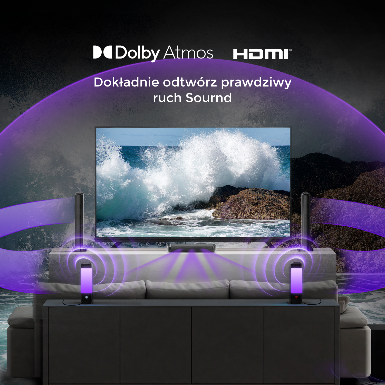 Ekran telewizora z falami oceanu. Głośniki na szafce z fioletowymi efektami świetlnymi. Logo Dolby Atmos i HDMI u góry.