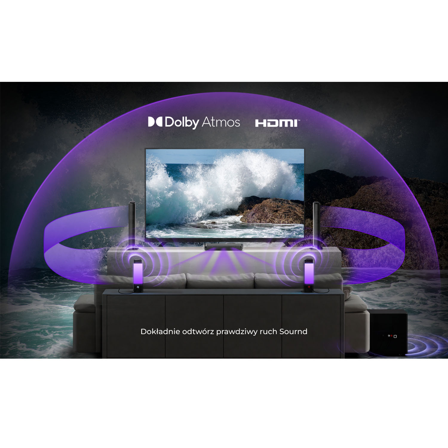 Telewizor z sceną fal odtwarza. Głośniki i subwoofer znajdują się przed szarą szafką. Fioletowe fale dźwiękowe otaczają telewizor.