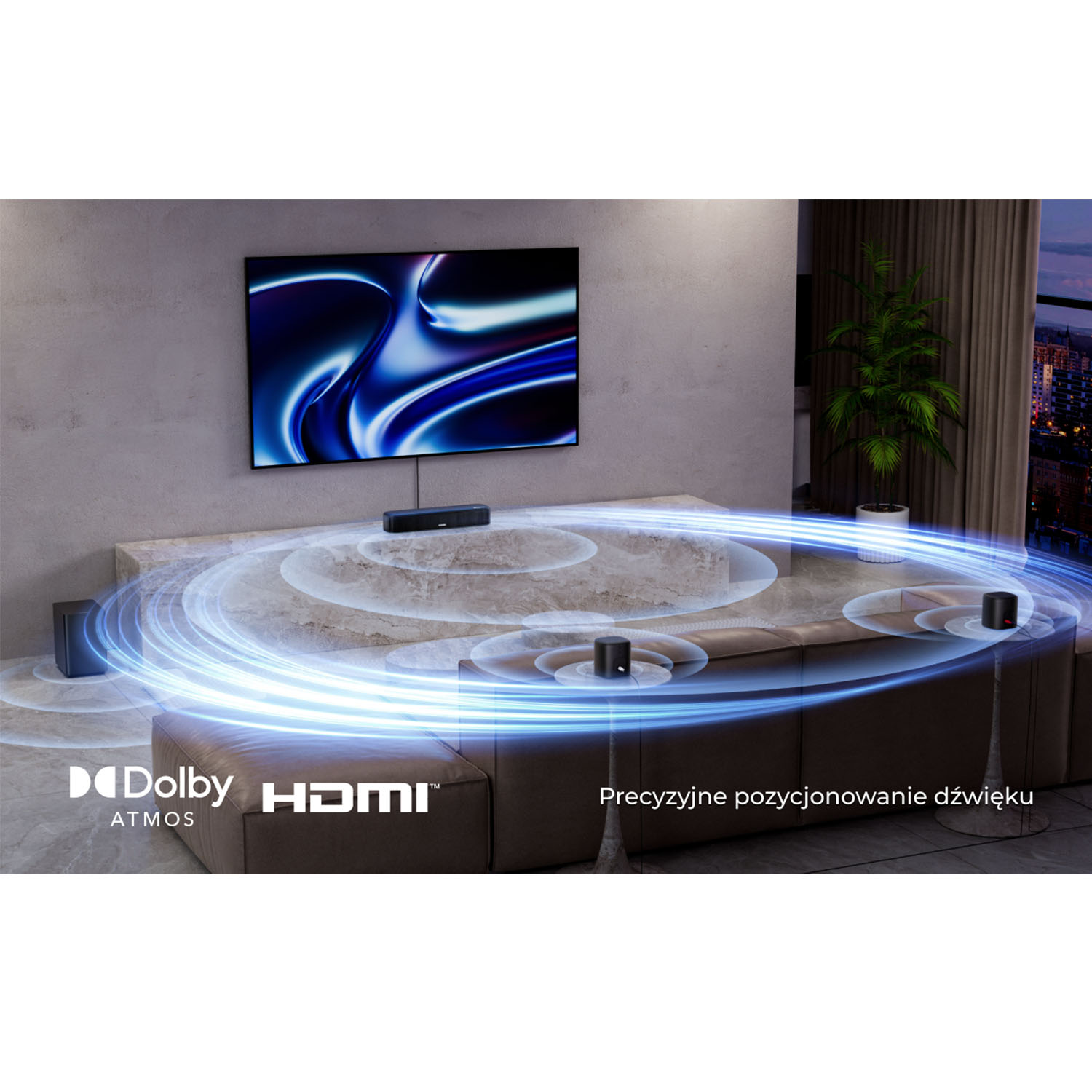 Nowoczesny salon z dużym telewizorem, systemem dźwiękowym i widokiem na miasto z okna. Wizualizacja fal dźwiękowych.