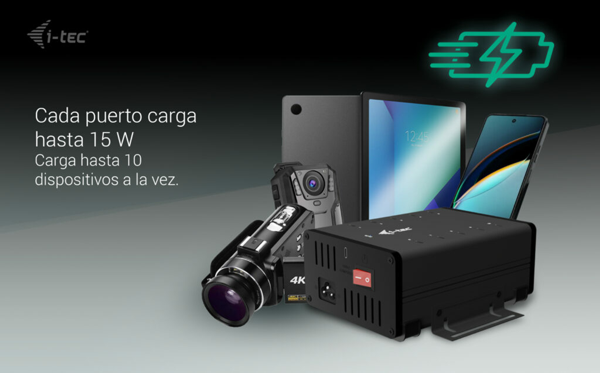La imagen muestra varios dispositivos electrónicos, incluyendo una tableta, un teléfono y una videocámara. El texto indica la carga de hasta 10 dispositivos a la vez.
