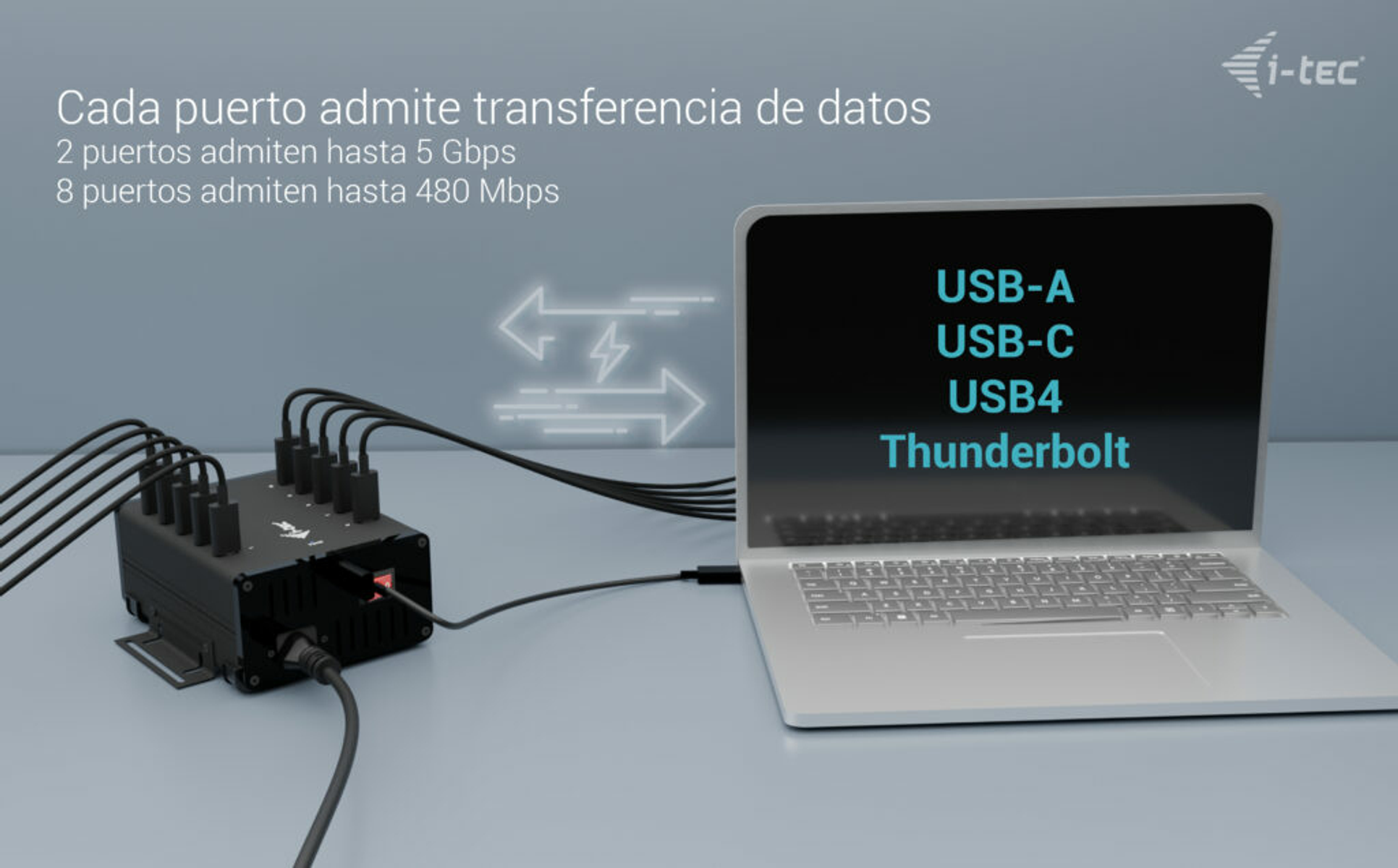 Un portátil conectado a un concentrador USB negro. La pantalla muestra tipos de USB. El texto superior indica velocidades de transferencia de datos.