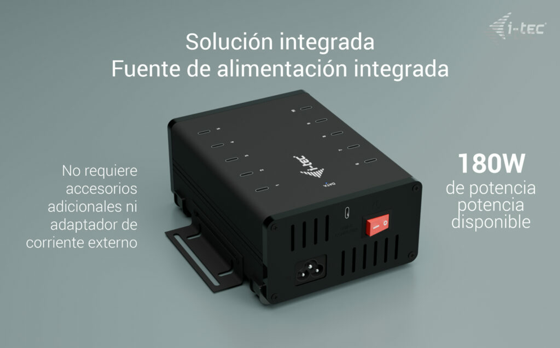 Una fuente de alimentación negra con un interruptor rojo. El texto dice 'solución integrada' y '180W de potencia disponible'.