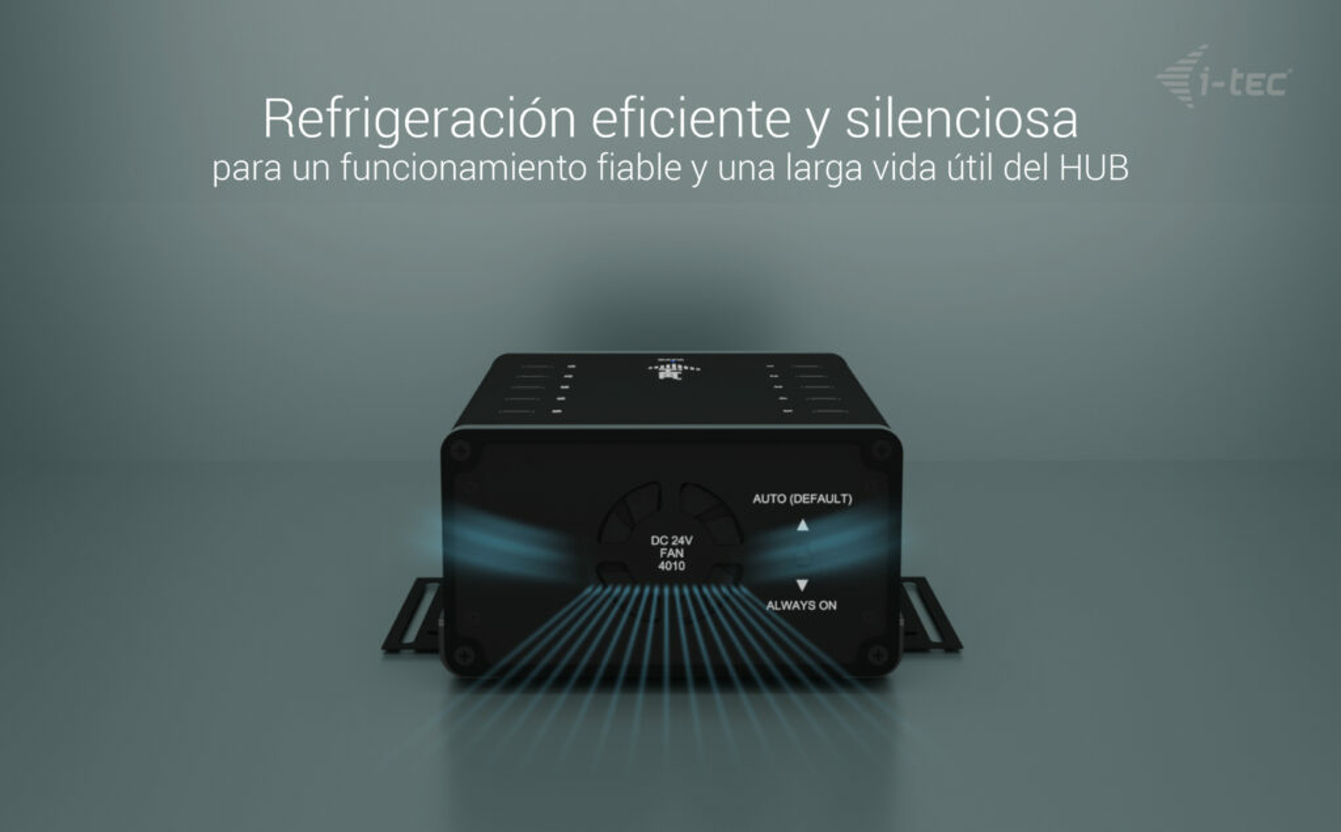 Hub negro con líneas de flujo de aire azules, texto: refrigeración eficiente y silenciosa para un funcionamiento fiable y larga vida útil.
