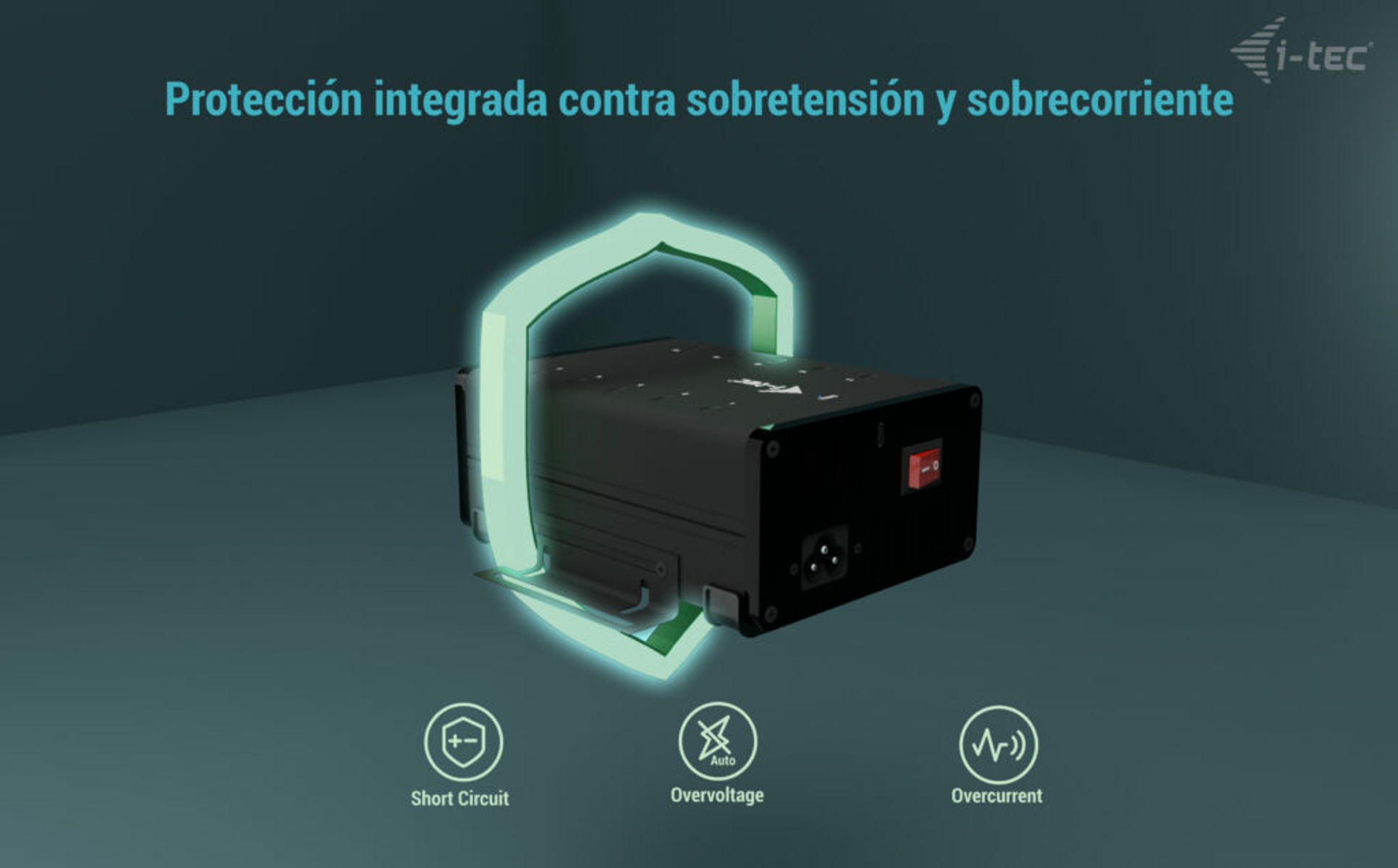 Un dispositivo negro con un interruptor rojo se destaca con un escudo brillante. El texto indica protección contra sobretensión y sobrecorriente.