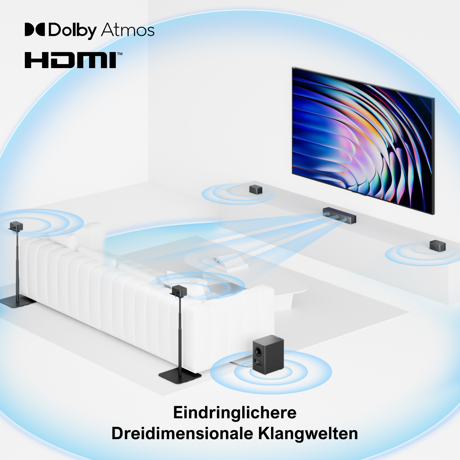 Ein Raum zeigt einen Fernseher, Lautsprecher und ein weißes Sofa. Blaue Schallwellen gehen von den Lautsprechern aus.