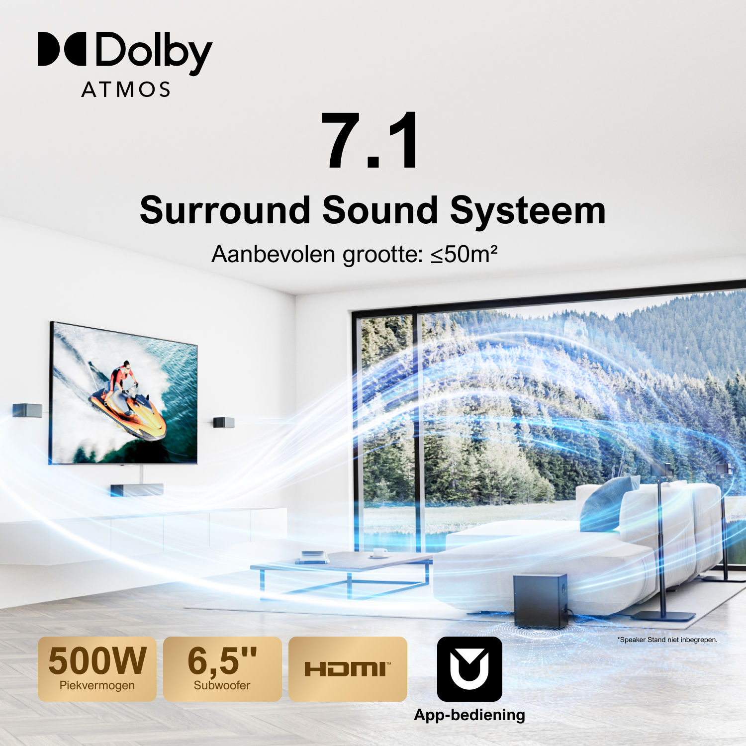 Salon avec système son surround. TV affiche jet ski. Caractéristiques : Dolby Atmos, 7.1, 500W, 6,5" Subwoofer, HDMI.