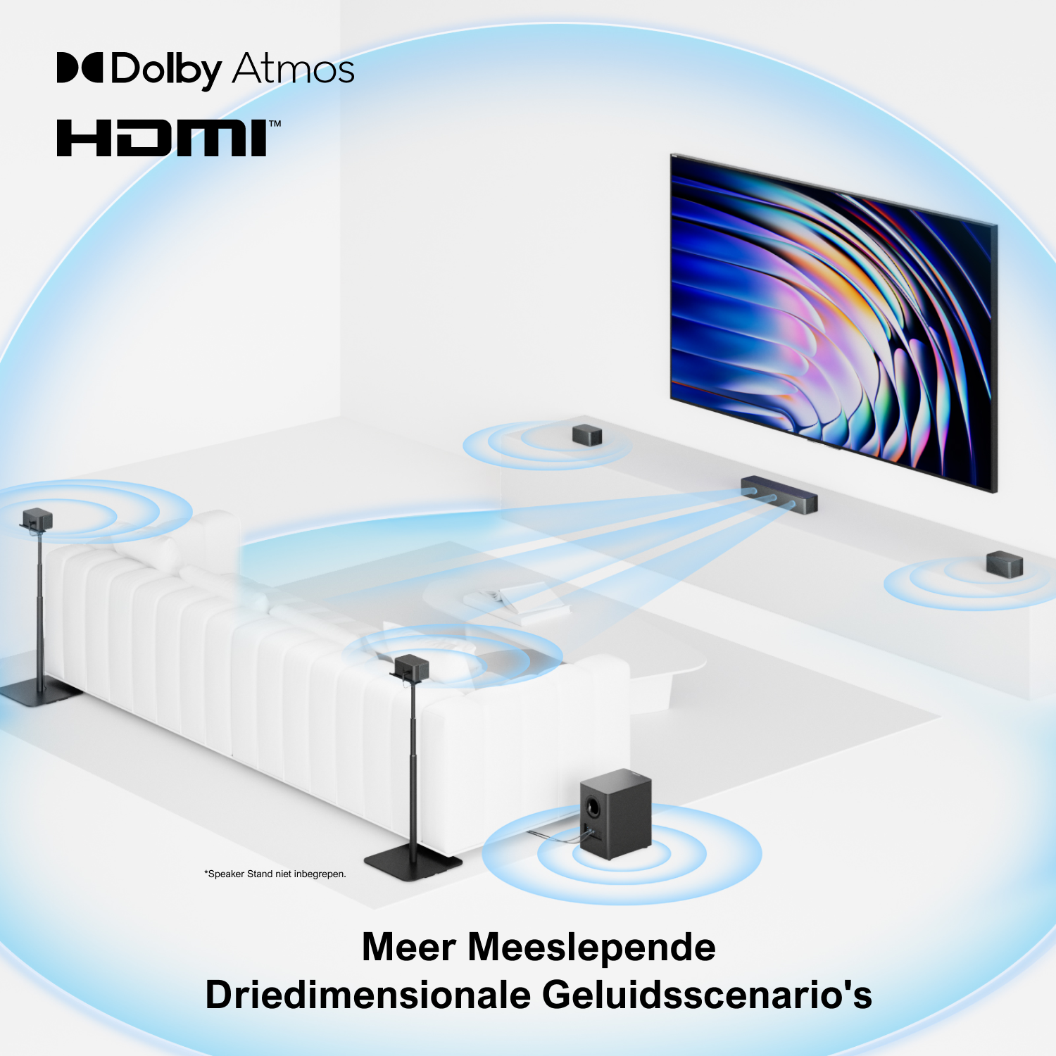 Un salon moderne avec une TV, un système audio et un canapé blanc. Logos Dolby Atmos et HDMI en haut.