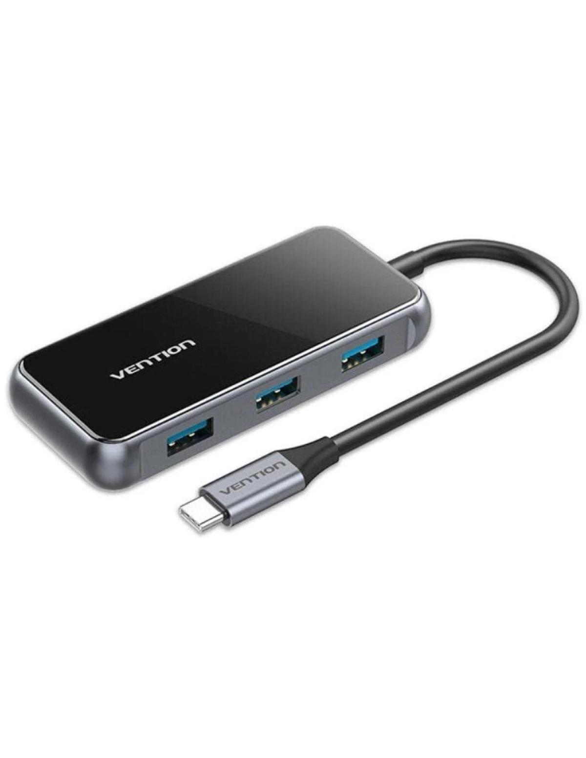 Un hub USB Vention con quattro porte, parte superiore nera e cornice grigia. Un cavo si estende al connettore USB-C.