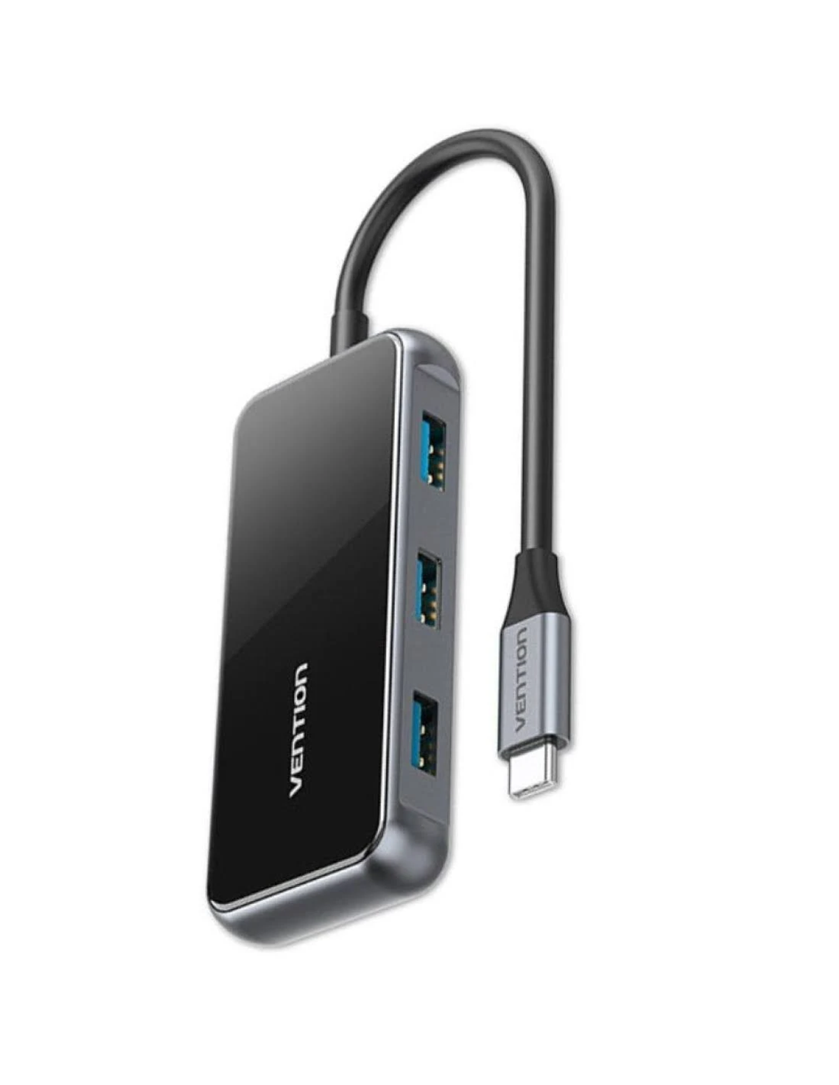 Un hub USB Vention con tre porte e un connettore USB-C. L'hub è nero e argento, con il logo Vention.