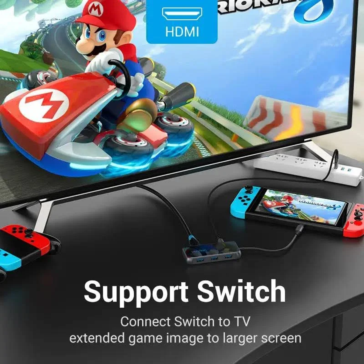 Mario su un kart su uno schermo TV. È collegata una console Switch. Logo HDMI. Testo: Supporta Switch. Collega Switch alla TV.