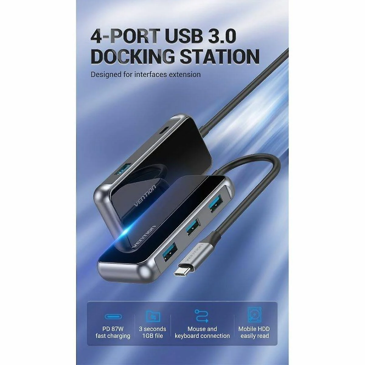 Una docking station USB 3.0 argento e nera. Ha più porte e un cavo. Testo: 4-PORT USB 3.0 DOCKING STATION.