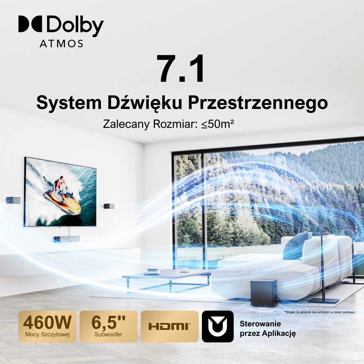 Salon z systemem dźwiękowym. Tekst: Dolby Atmos, 7.1, 460W, subwoofer 6.5", HDMI, sterowanie aplikacją. TV pokazuje skuter wodny.