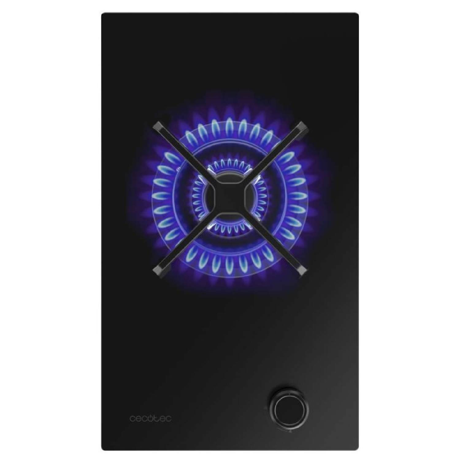 Encimera negra con llama azul. Cuatro soportes metálicos sostienen la sartén. Un mando circular y el logo de la marca son visibles.