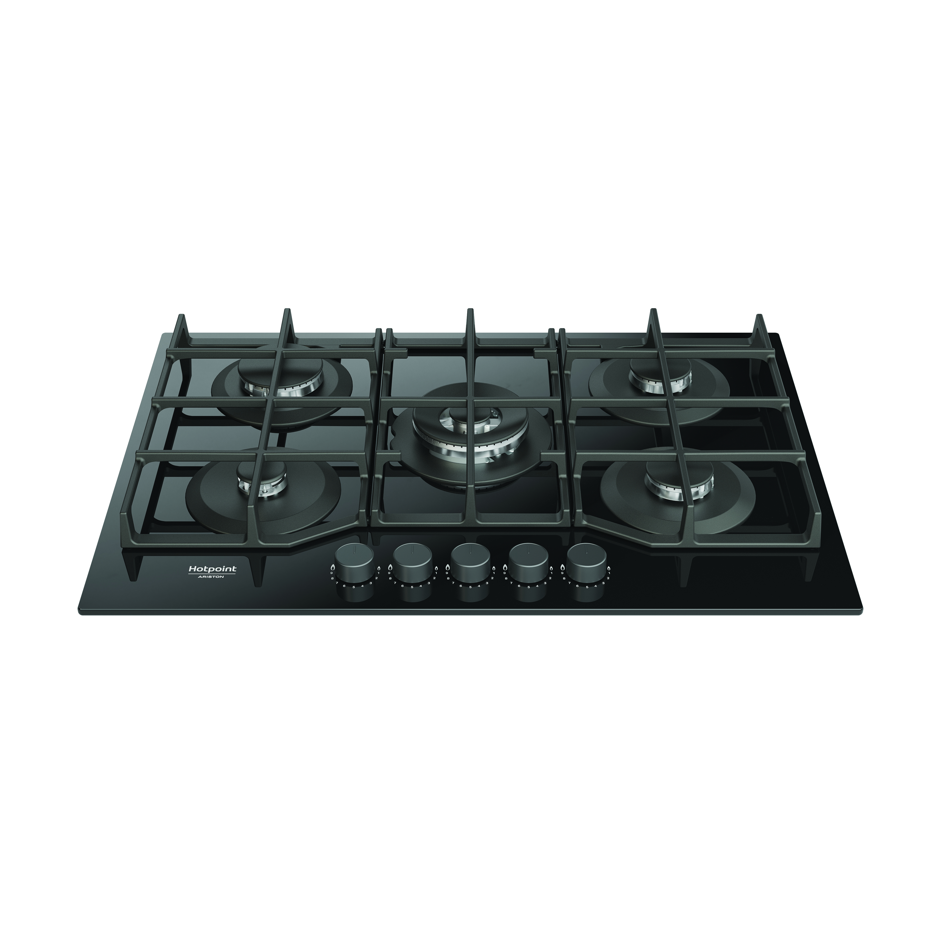 Een zwart gaskooktoestel met vijf branders, knoppen en een metalen rooster. Het Hotpoint logo is zichtbaar.