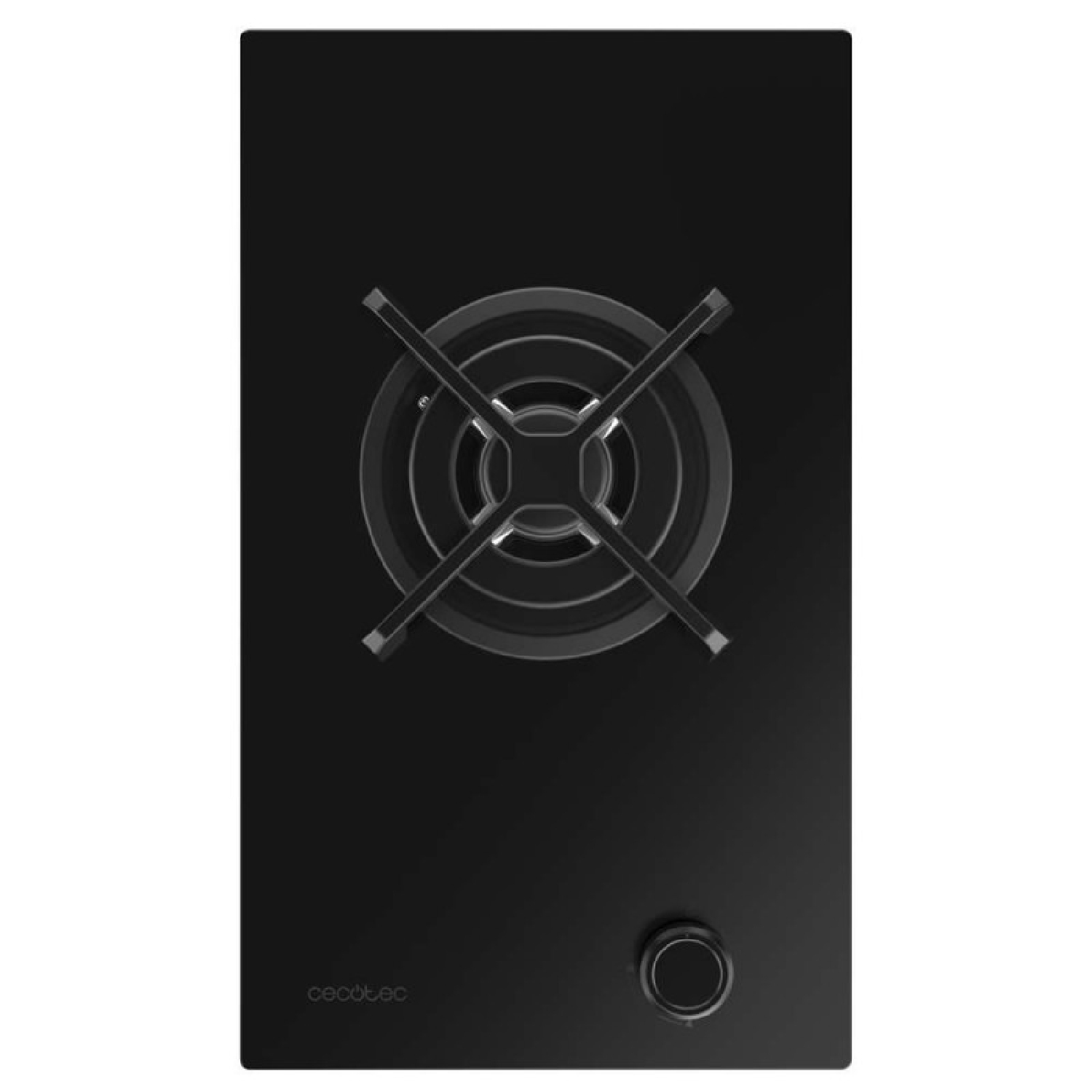 Una placa de cocina negra con un quemador central, un mando y un logotipo de la marca. El quemador tiene una rejilla en forma de cruz.