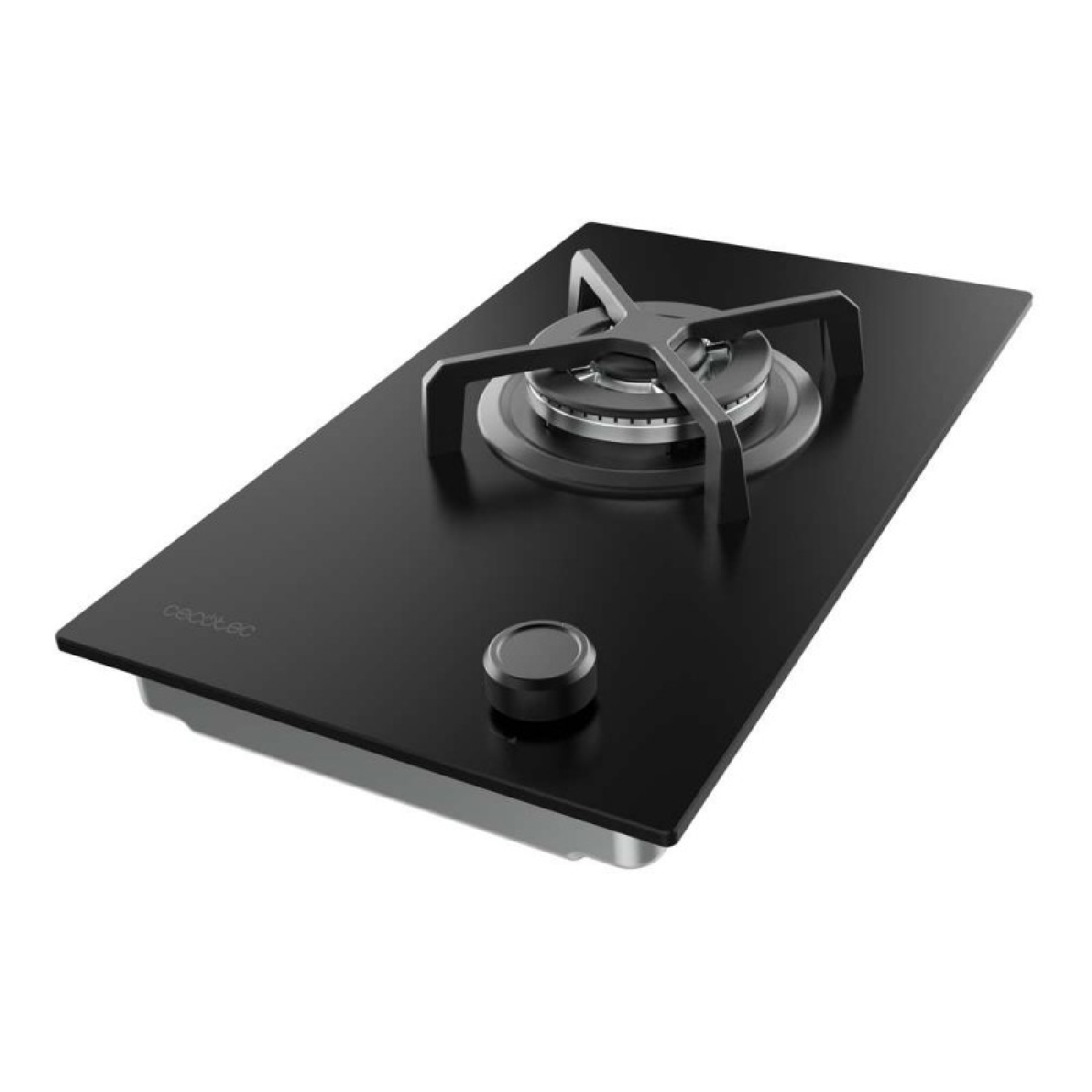 Una moderna placa de gas negra con un quemador plateado y un mando. La placa está sobre un fondo blanco.