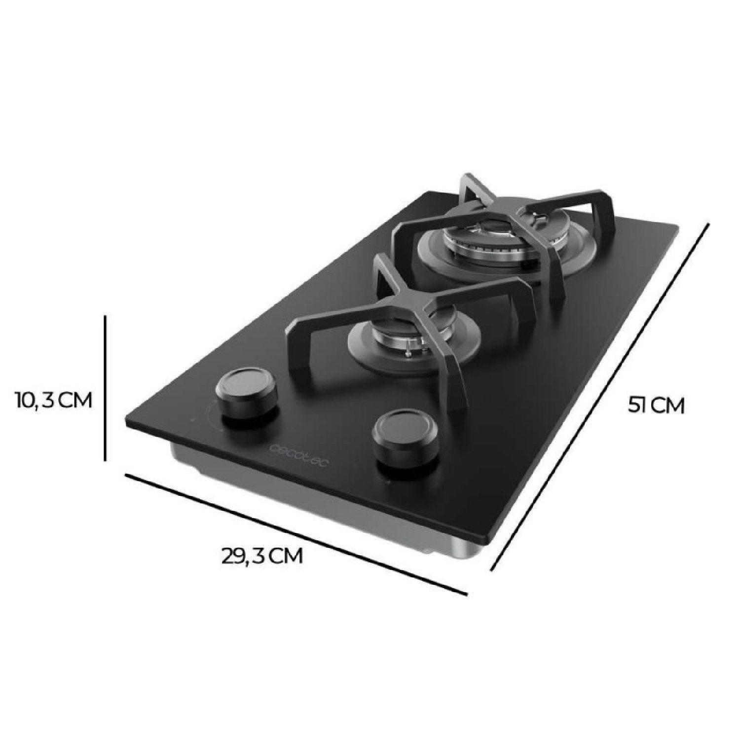 Encimera de gas negra con dos quemadores, mandos y dimensiones etiquetadas: 10,3 cm, 29,3 cm y 51 cm. La marca es Cecotec.