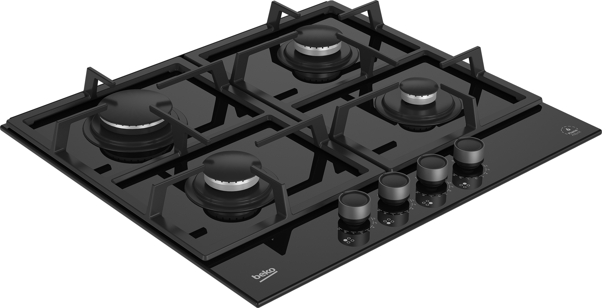 Un piano cottura in vetro nero con quattro fuochi, manopole e logo beko. La superficie è riflettente e pulita.