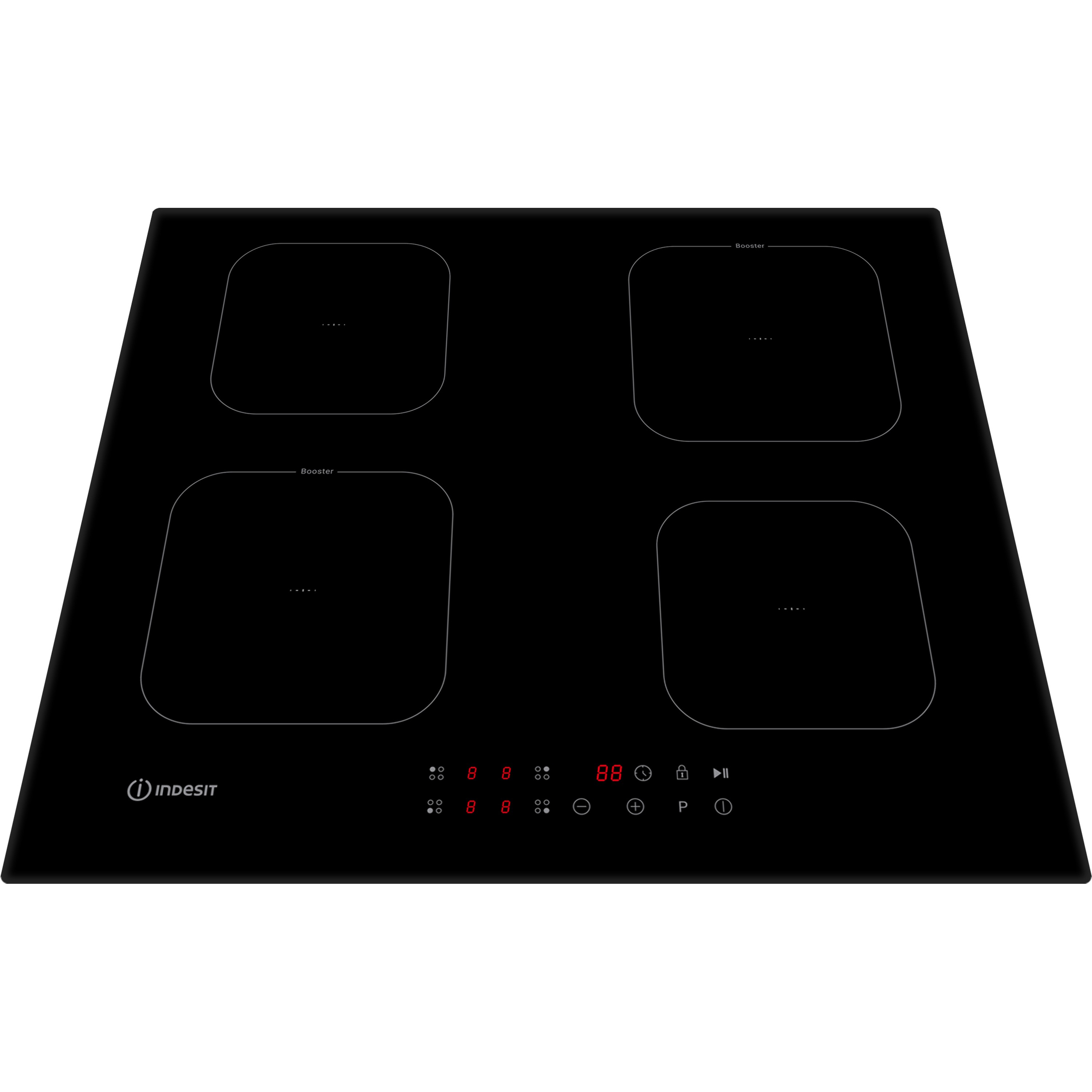 Een zwart Indesit inductiekookplaat met vier kookzones, bedieningspaneel met cijfers en symbolen.
