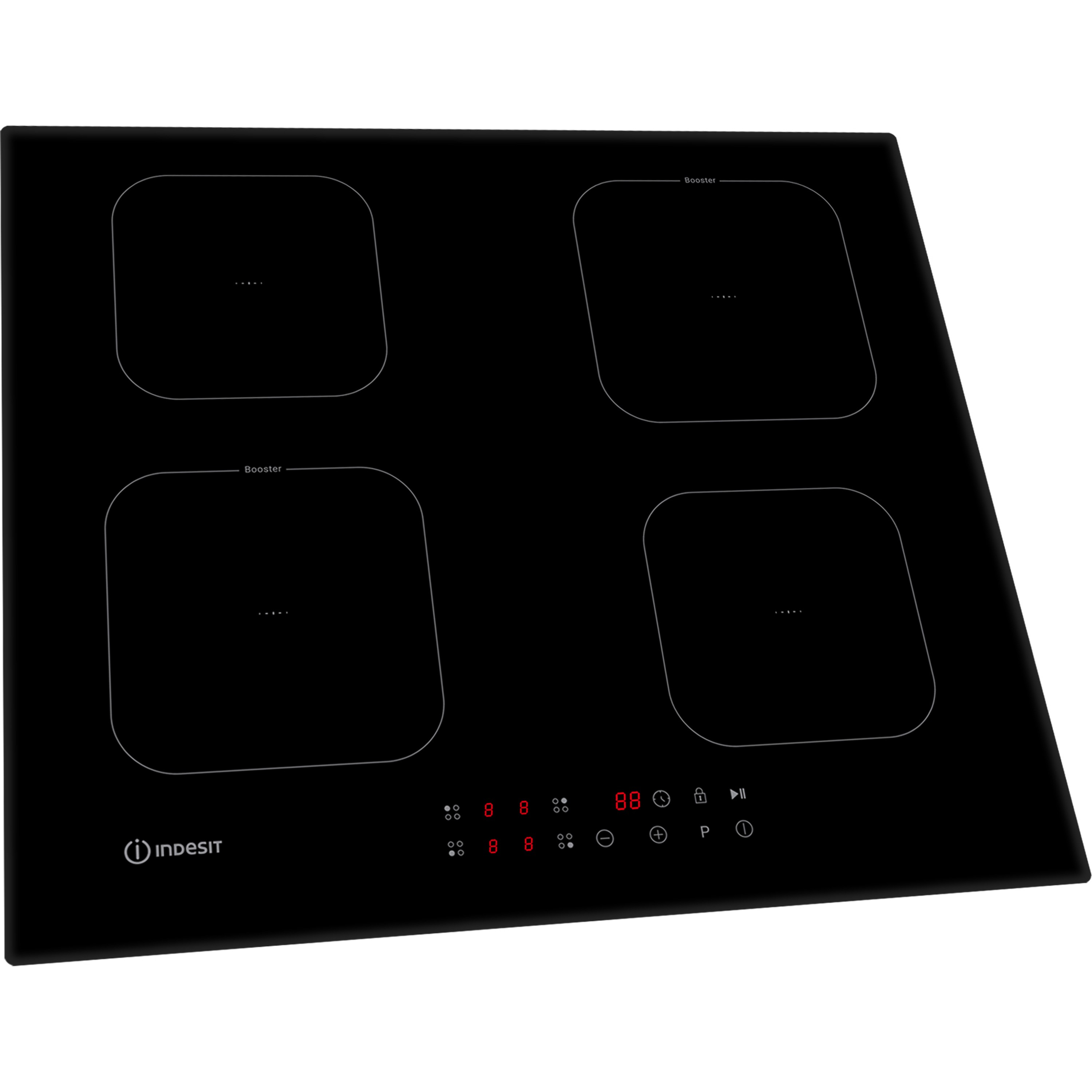 Zwarte Indesit inductiekookplaat met vier kookzones, digitaal display en bedieningsknoppen. Booster labels aanwezig.