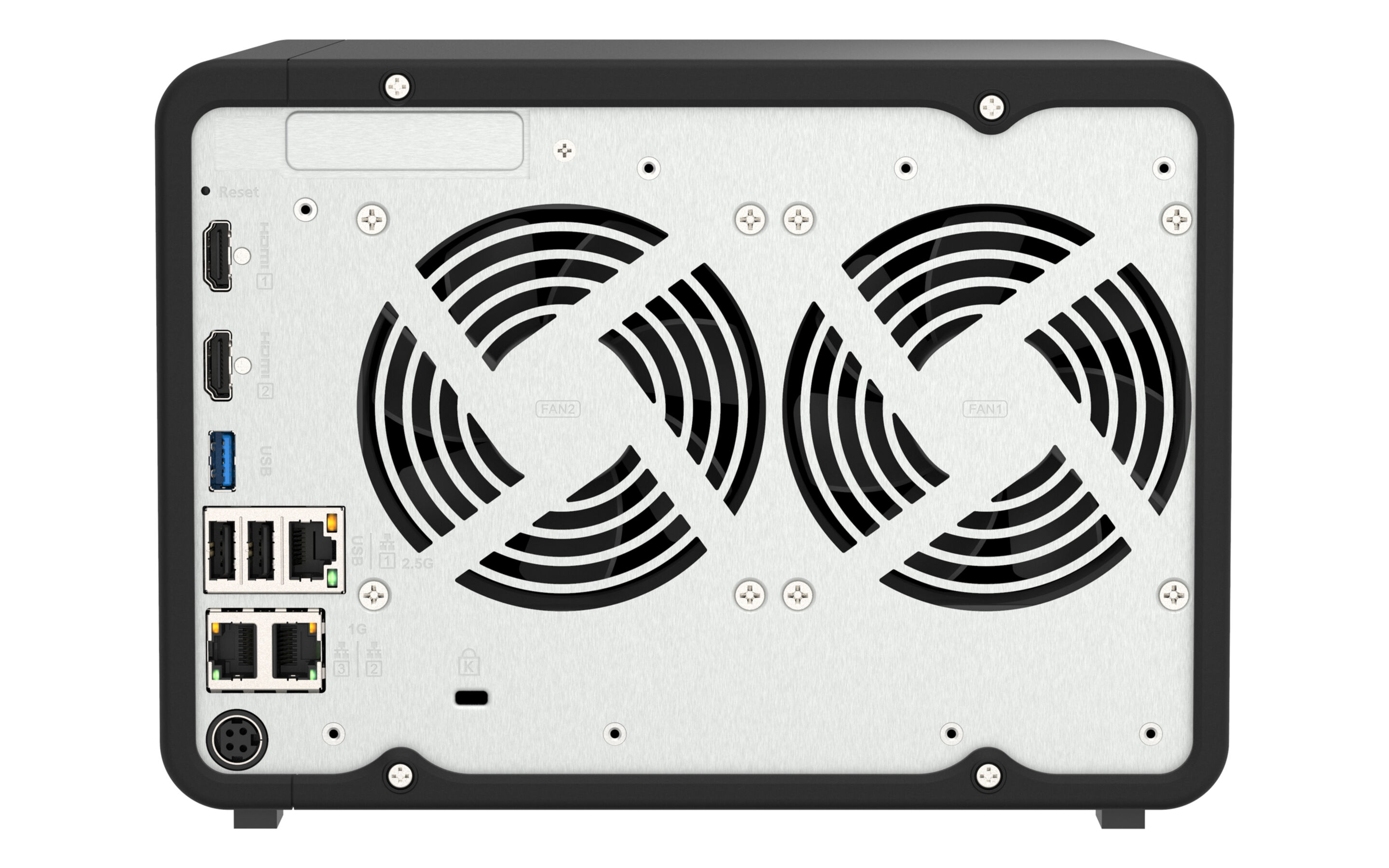 Vista trasera de un servidor NAS negro. Tiene ventiladores, puertos y una placa trasera de metal cepillado. Marco negro.