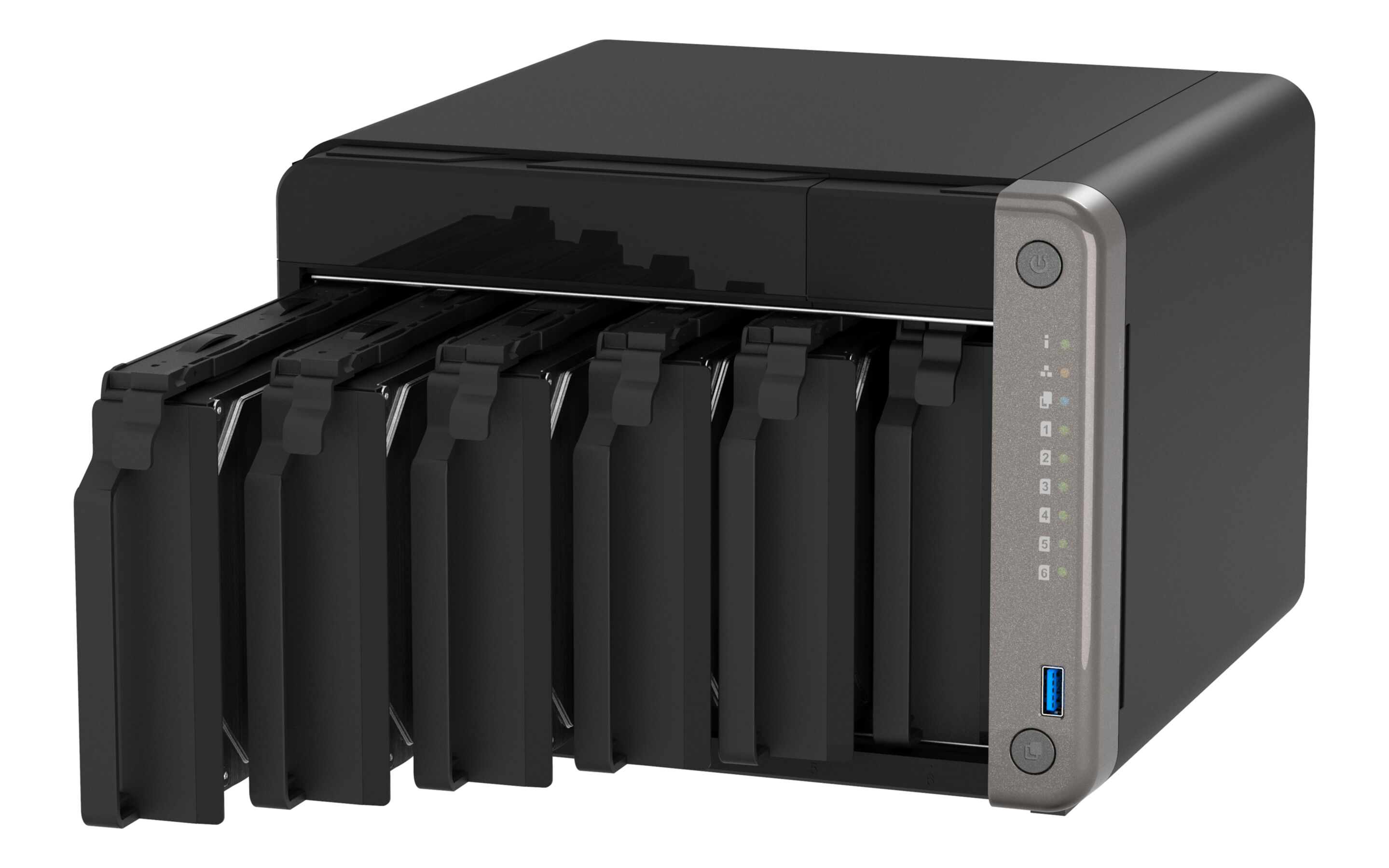 Un dispositivo NAS negro con múltiples bahías. Tiene un botón de encendido, luces de estado y un puerto USB.