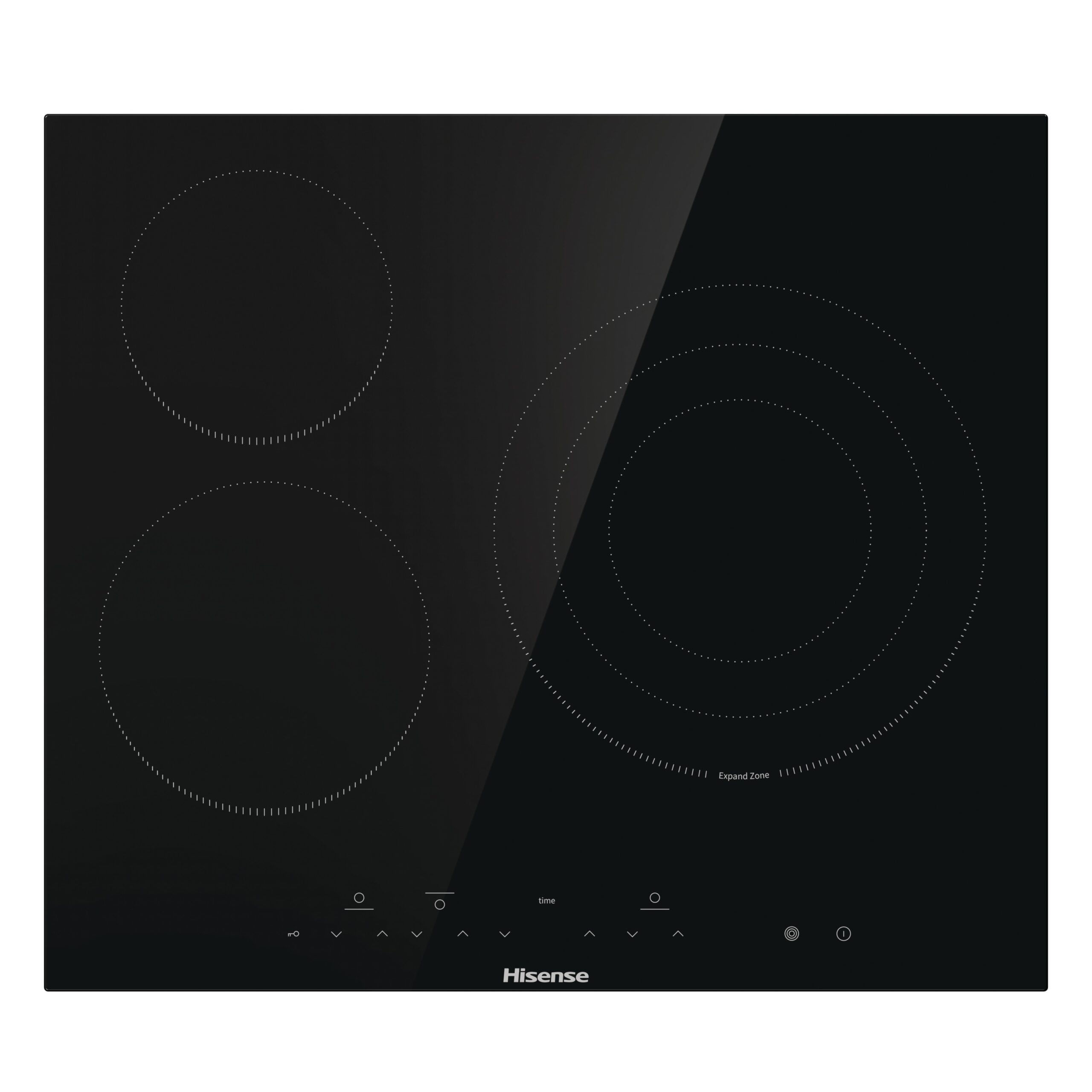 Piano cottura a induzione Hisense nero con tre zone cottura e comandi touch. Include la funzione 'Expand Zone'.