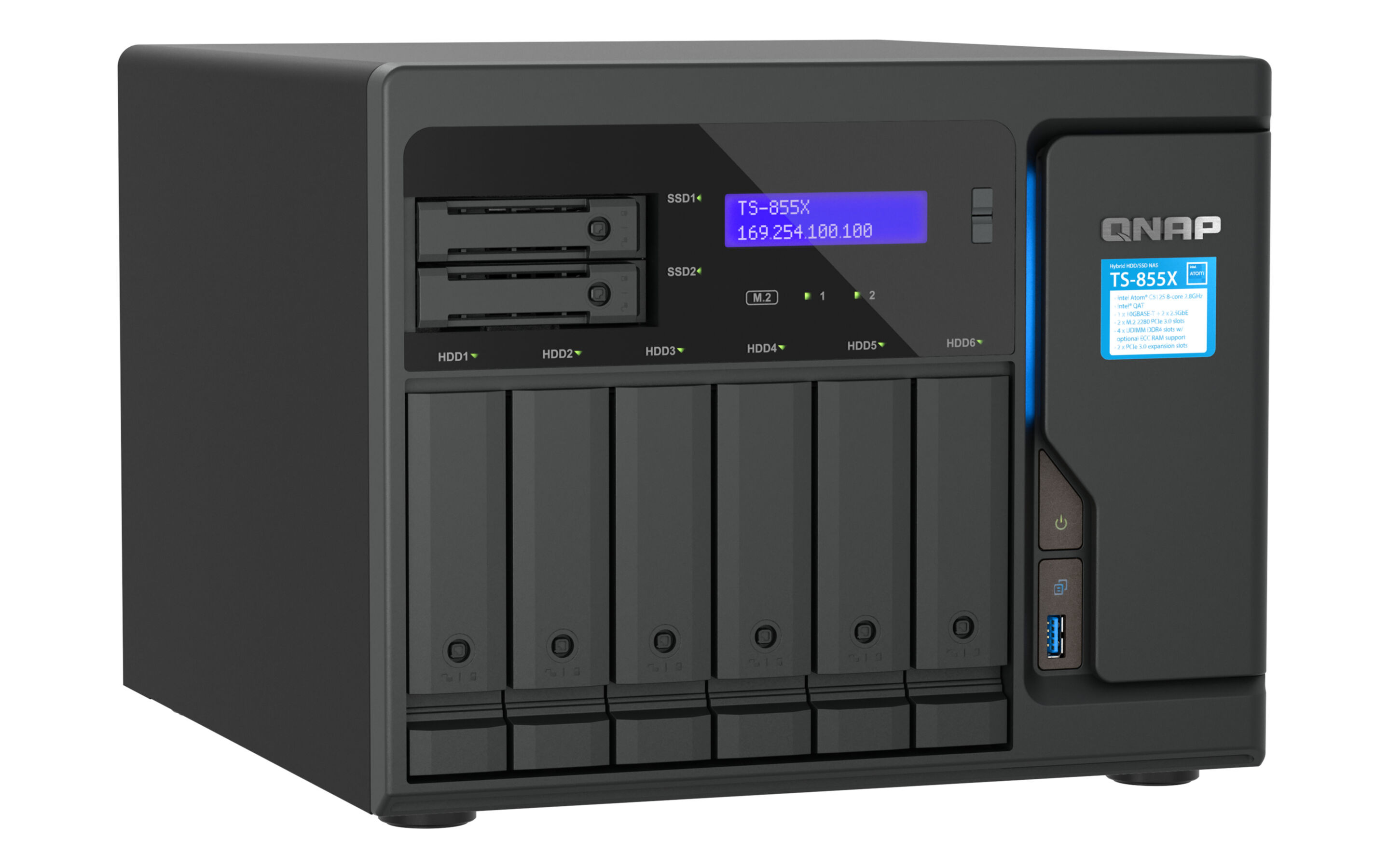 Un servidor NAS QNAP TS-855X gris oscuro. Tiene bahías de unidad, una pantalla y un puerto USB.