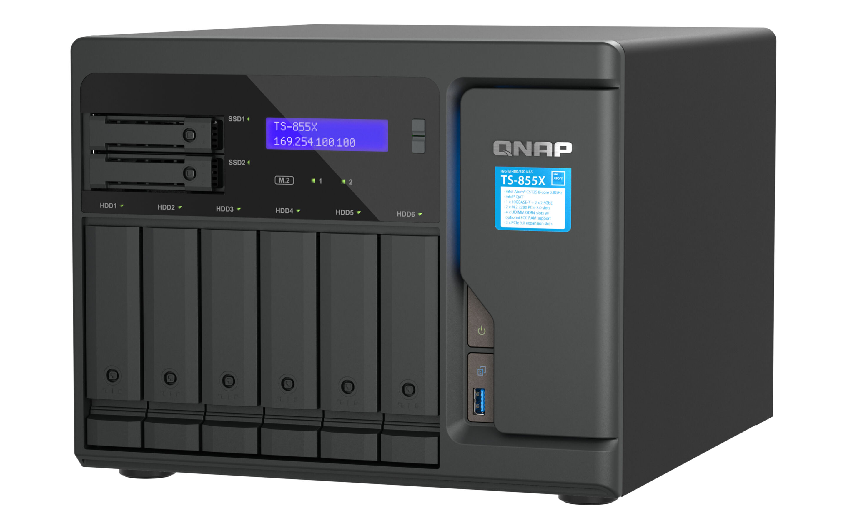 Un servidor NAS QNAP TS-855X negro con múltiples bahías y una pequeña pantalla con información.