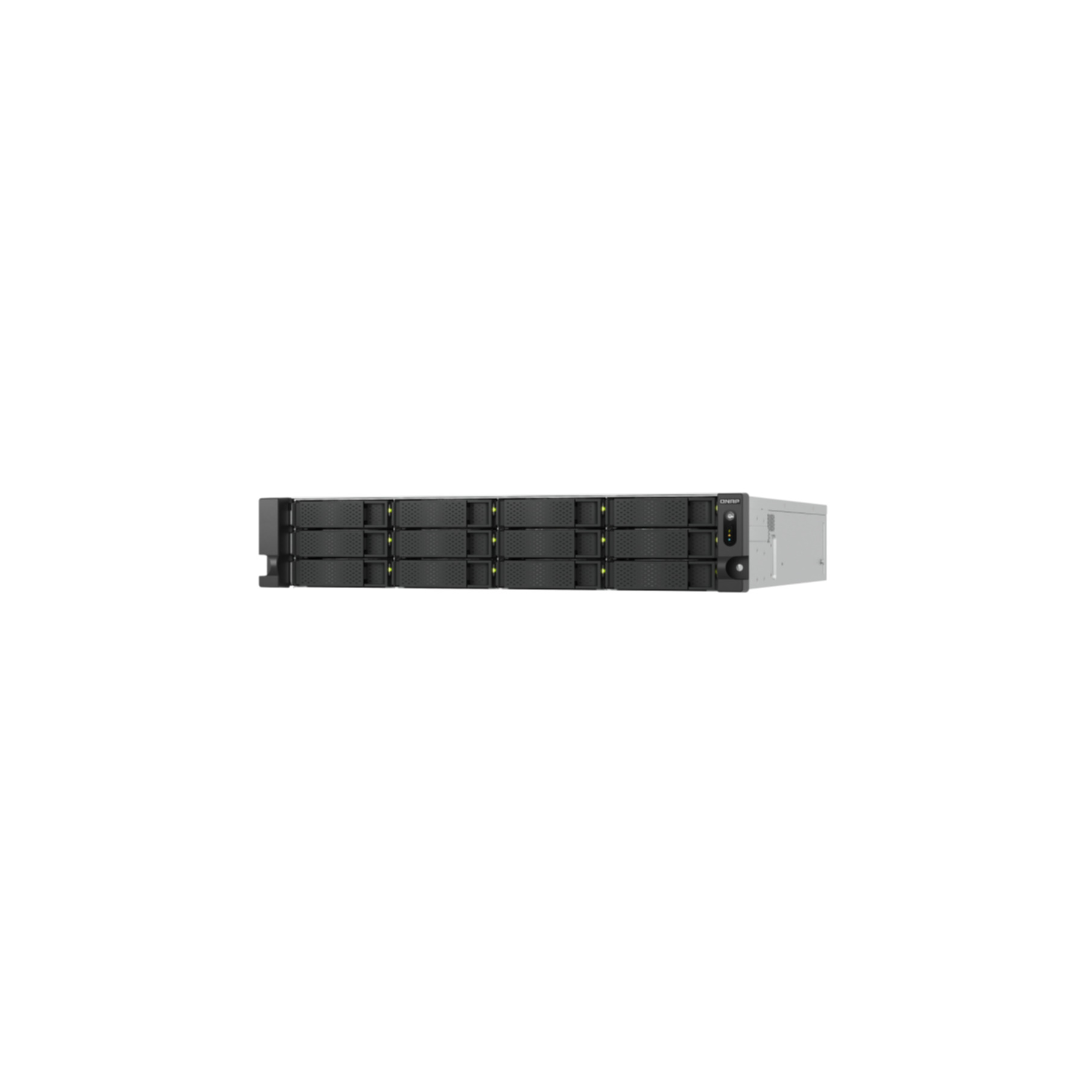 Un rack de servidor negro y gris con múltiples bahías de disco y botones de encendido, sobre fondo blanco.