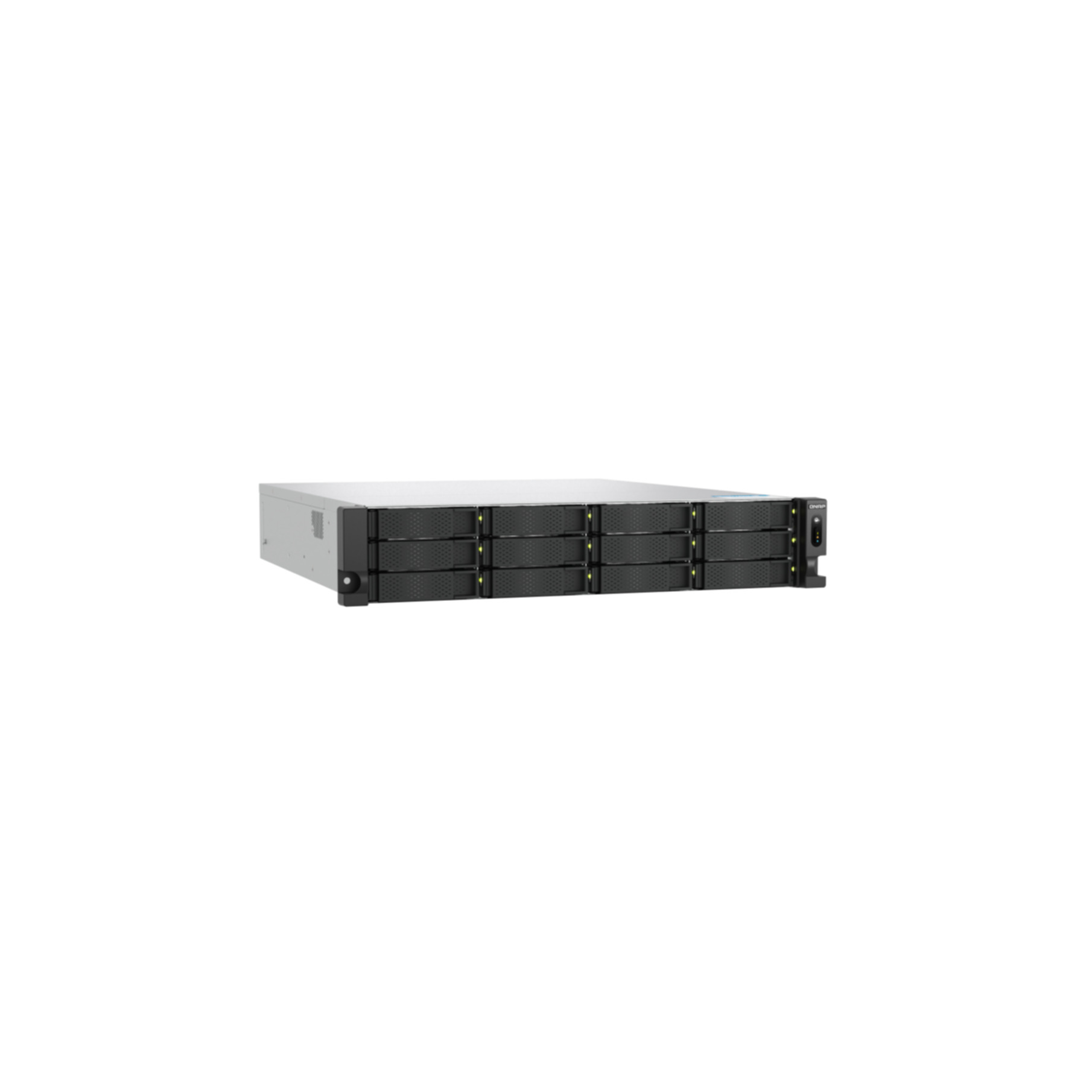 Un rack de servidor plateado y negro con múltiples bahías de disco está centrado sobre un fondo blanco.