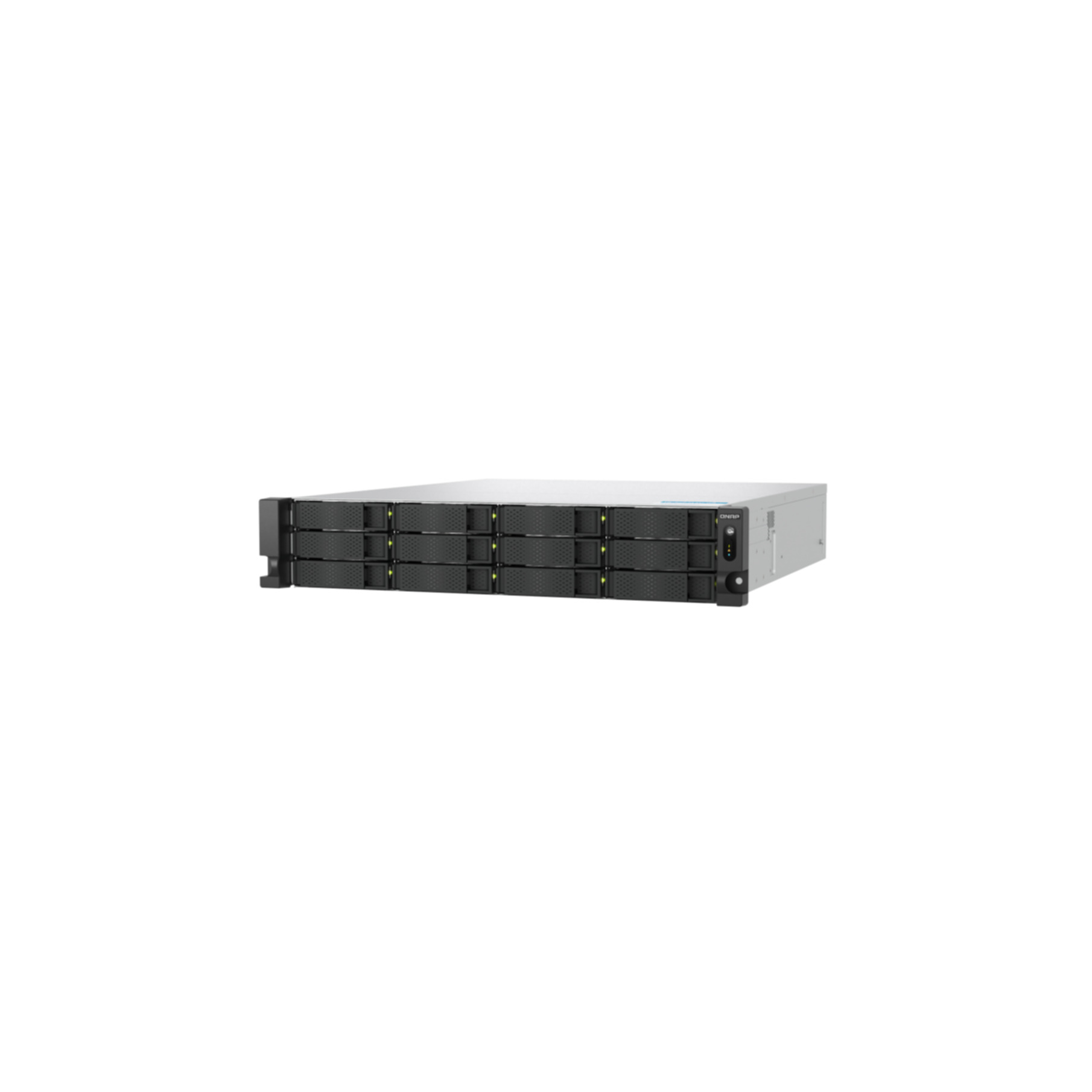 Un rack de servidor negro y plateado con múltiples bahías y luces verdes de actividad, sobre fondo blanco.