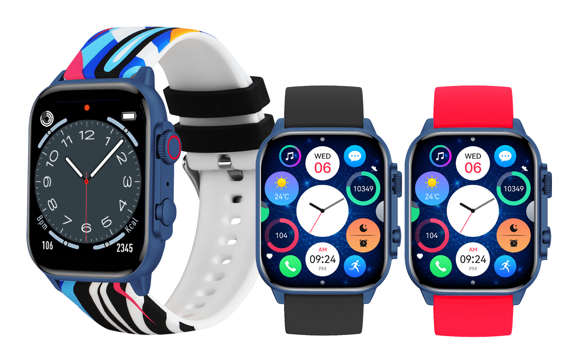 Tre smartwatch, casse blu, vari cinturini e display che mostrano ora, data e parametri sanitari. Uno ha un cinturino fantasia.