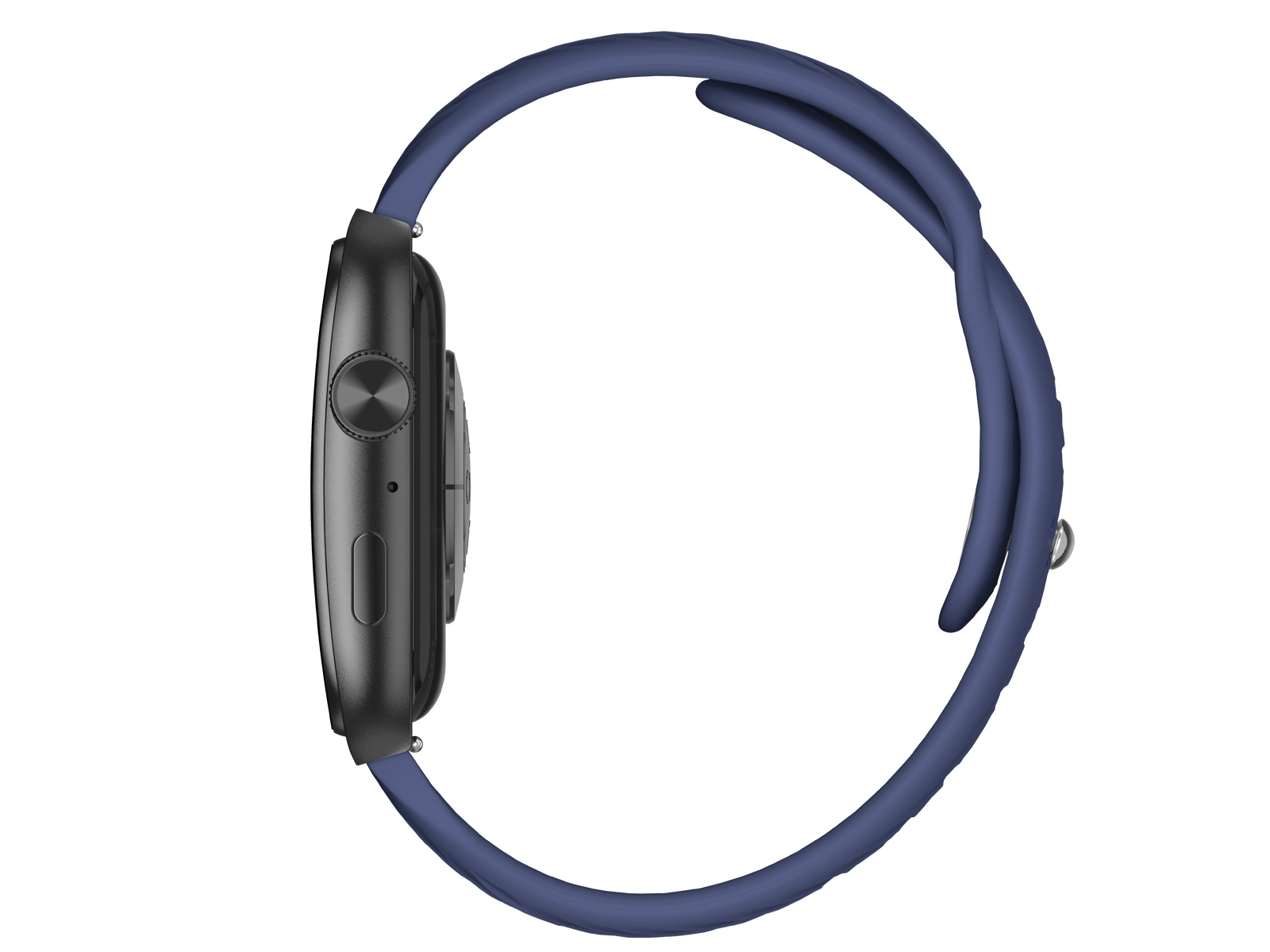 Seitenansicht einer Smartwatch mit schwarzem Gehäuse und dunkelblauem Armband. Der Hintergrund ist weiß.