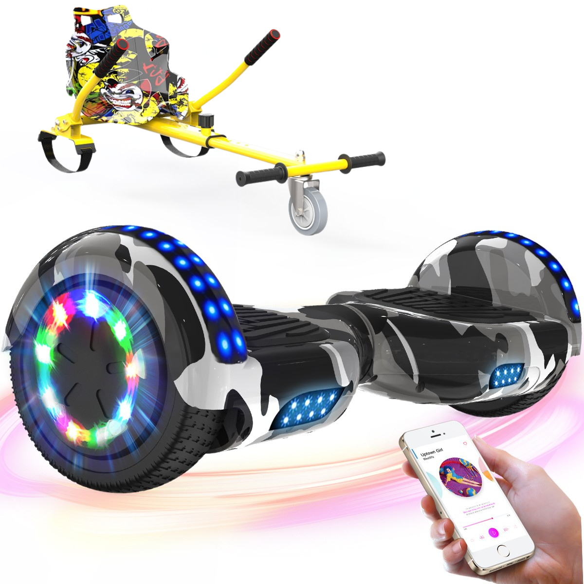 Un hoverboard con un accesorio de carrito amarillo y un teléfono que muestra una aplicación de música. Tiene luces.