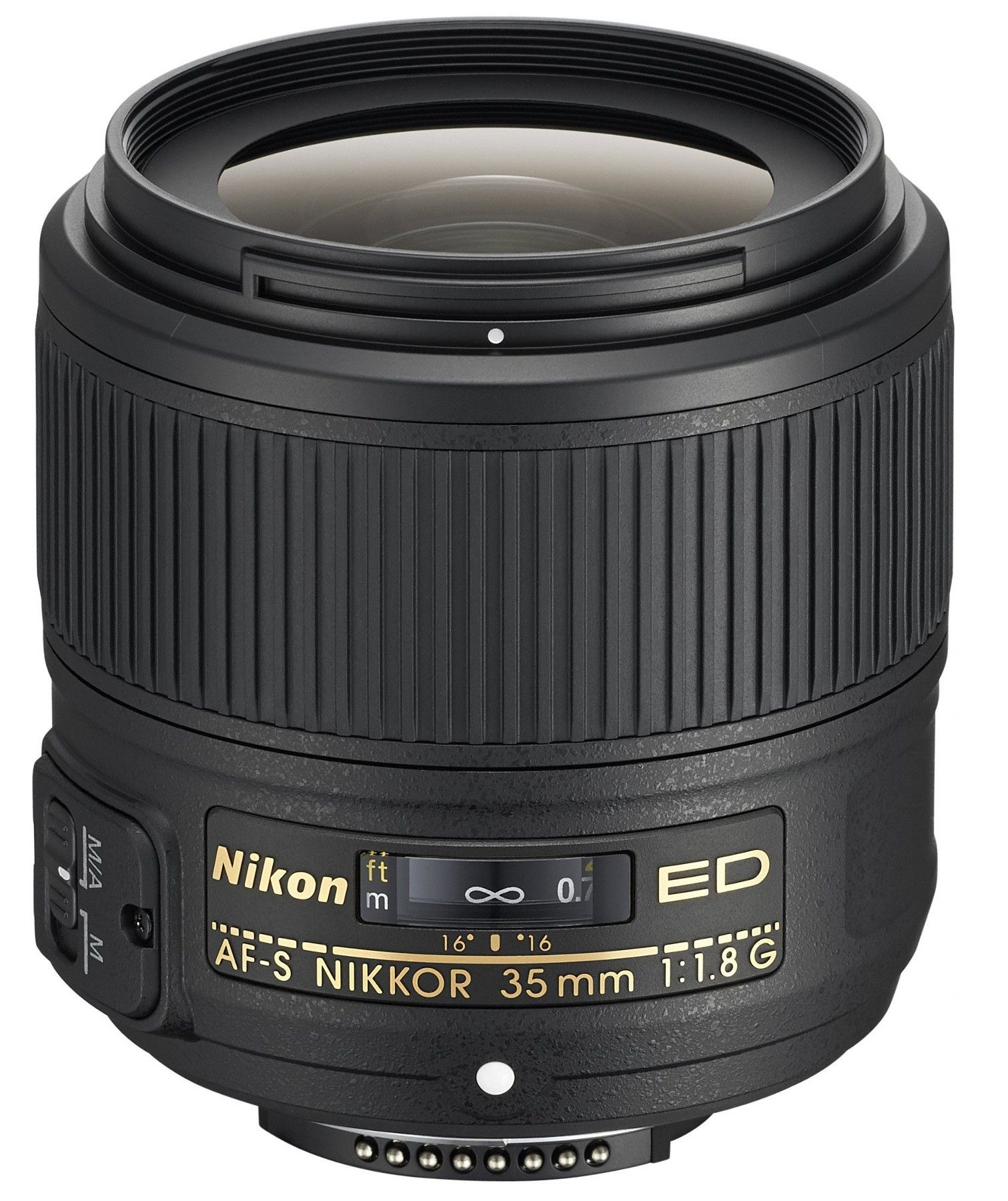 Ein schwarzes Nikon AF-S NIKKOR 35mm 1:1.8G Objektiv. Es hat einen geriffelten Körper, einen Objektivring und mehrere Markierungen.