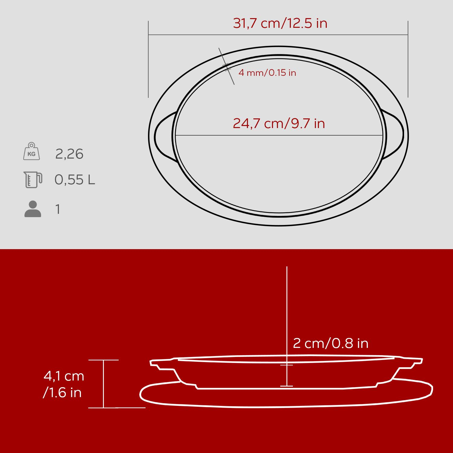 Boyutları ve kapasiteyi gösteren oval bir tavanın diyagramı. Cm ve inç cinsinden ölçümleri ve kırmızı bir arka plan içerir.