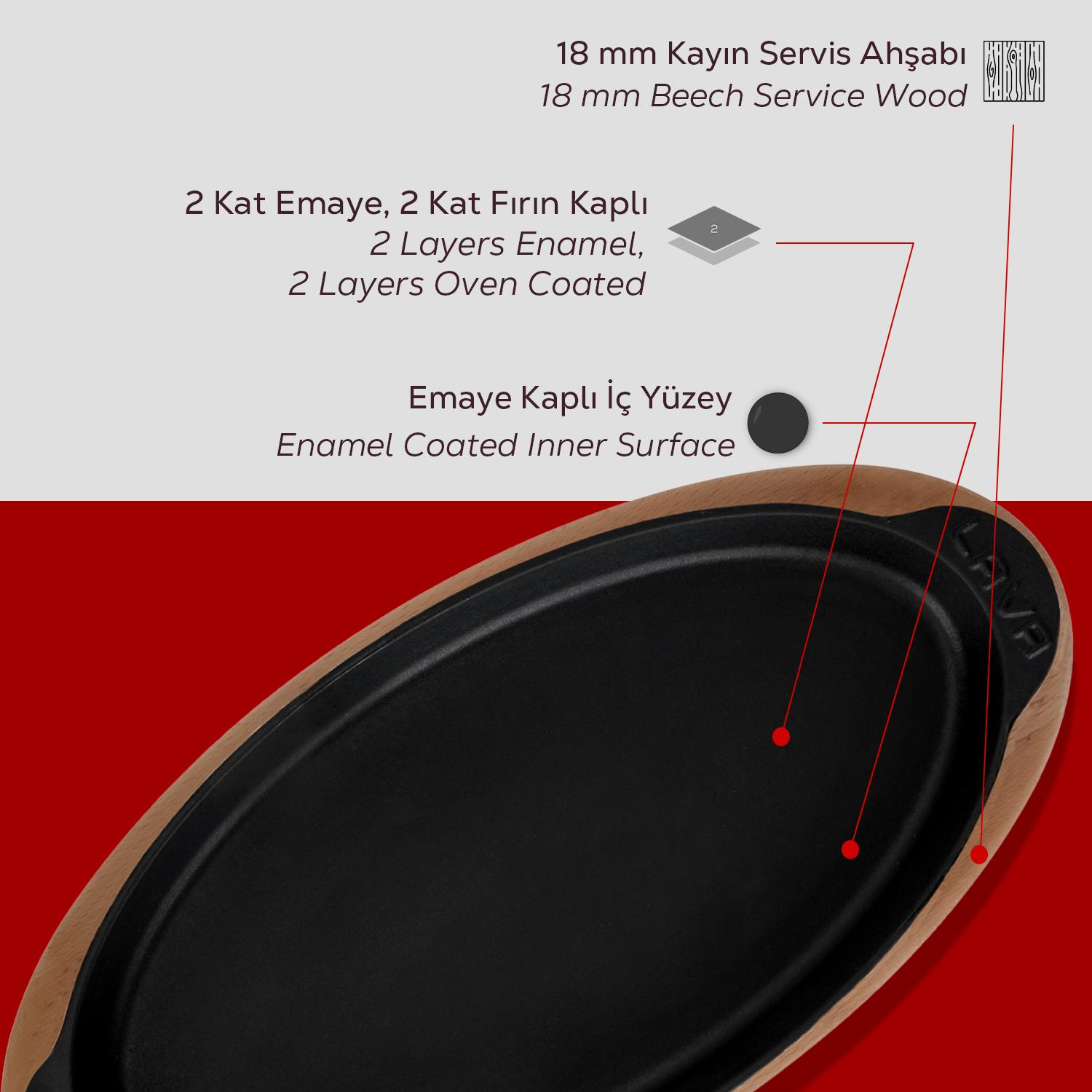 Ahşap saplı dökme demir bir tava. Emaye kaplama ve kayın ağacını g österen etiketleri var. Arka plan kırmızı.