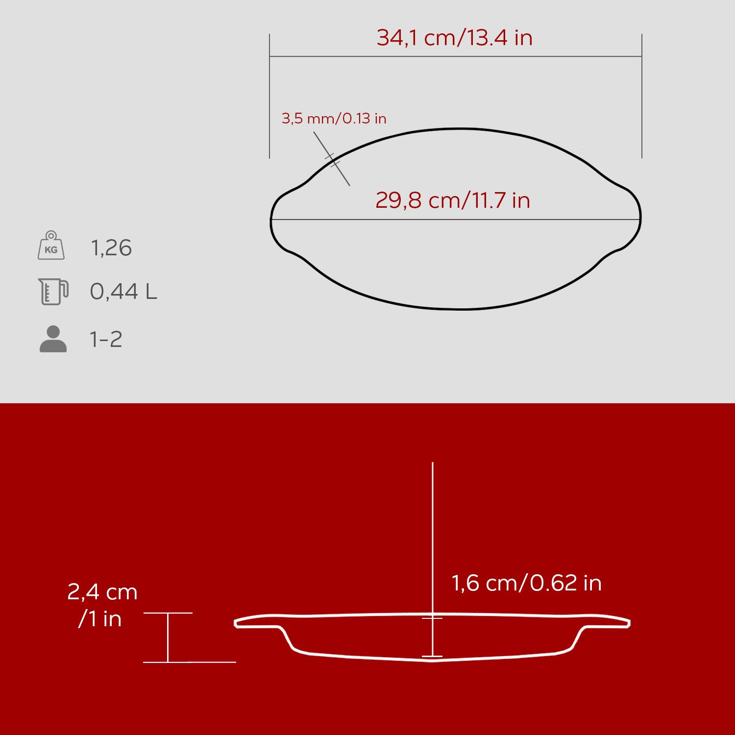 Boyutları ve özellikleri olan bir tava diyagramı: 34,1 cm x 29,8 cm, 3,5 mm kalınlık, 1,6 cm yükseklik, 2,4 cm taban, 1,26 kg, 0,44 L, 1-2 porsiyon.