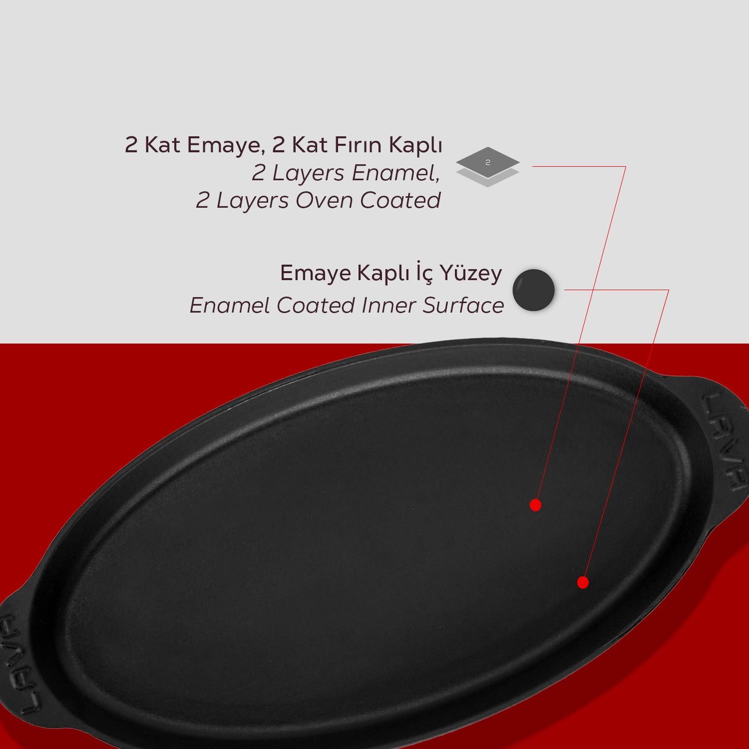 Siyah, oval şeklinde bir tava. Metin, 2 kat emaye ve fırın kaplamasına işaret ediyor. İç yüzey emaye kaplıdır. 'LAVA' markası görünür.