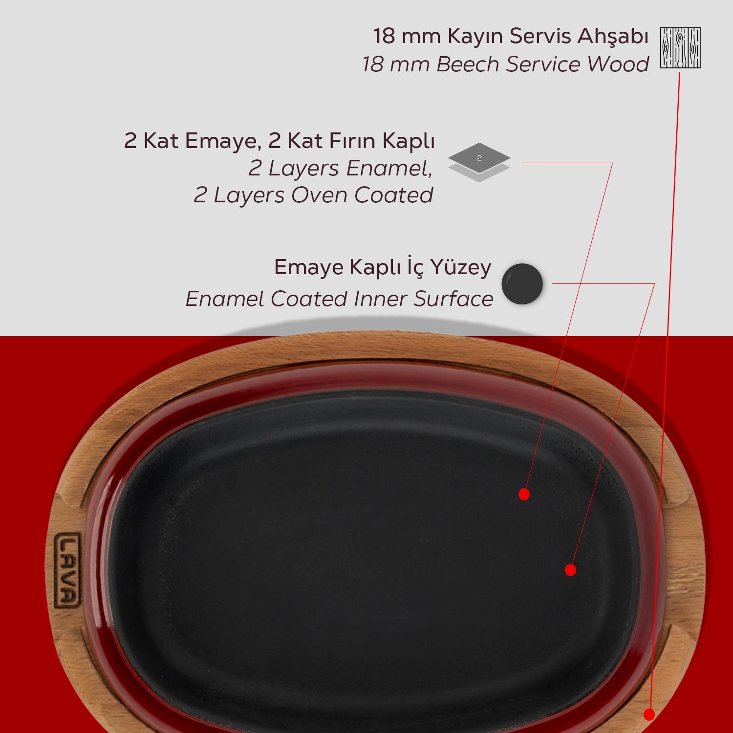 Ahşap tabanlı dökme demir servis tabağı. Tabak siyahtır, taban ahşap rengindedir ve kenar kırmızıdır.