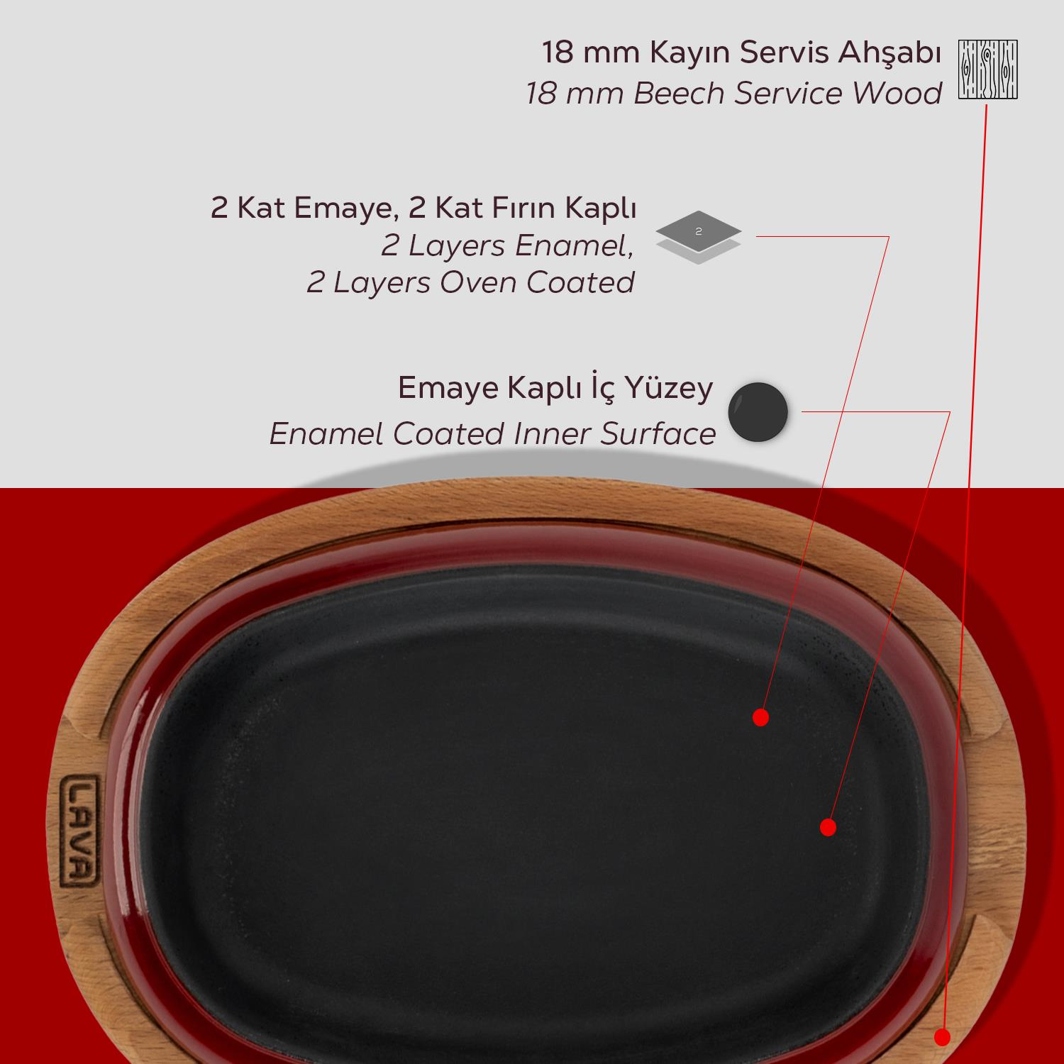 Ahşap tabanlı bir dökme demir tava. Metin, emaye kaplama ve kayın ağacı gibi ürünün özelliklerini açıklar. LAVA logosu görünür.