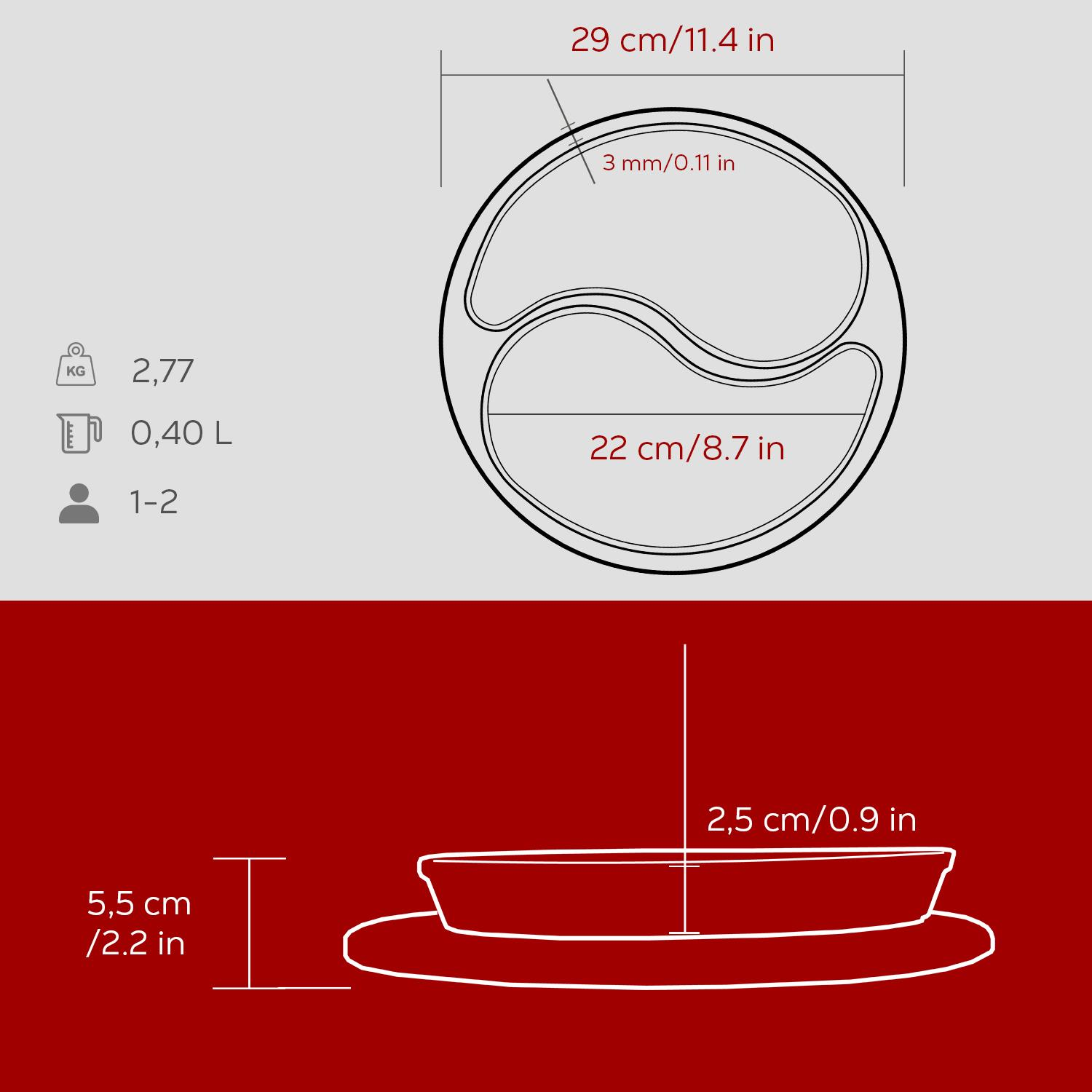 Bir diyagram, boyutları ve kapasitesi olan bir kap gösterir. Ölçüler 29 cm, 22 cm, 5,5 cm ve 2,5 cm'dir. 0,40L alır ve 2,77 kg ağırlığındadır.