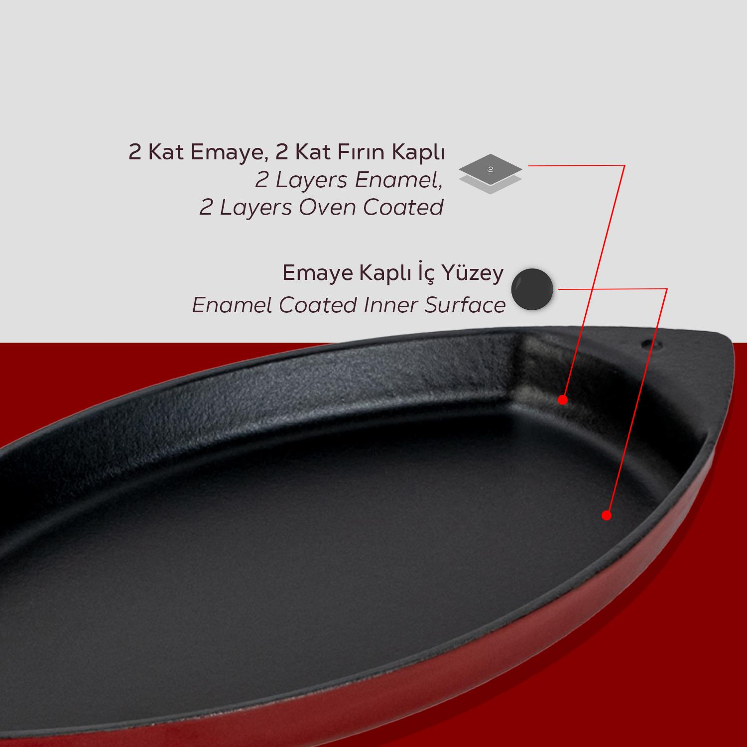 Kırmızı dış yüzeyli, siyah, oval şekilli bir tavanın yakın çekimi. Metin, emaye kaplı ve fırına uygun olduğunu gösteriyor.