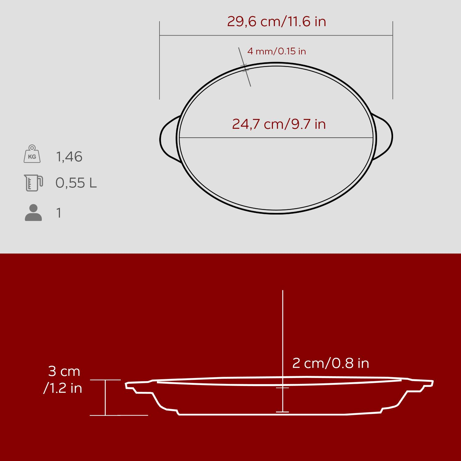 Boyutları ve kapasitesi olan oval bir tavanın diyagramı. Cm ve inç cinsinden ölçüleri, ağırlık ve hacim bilgilerini gösterir.