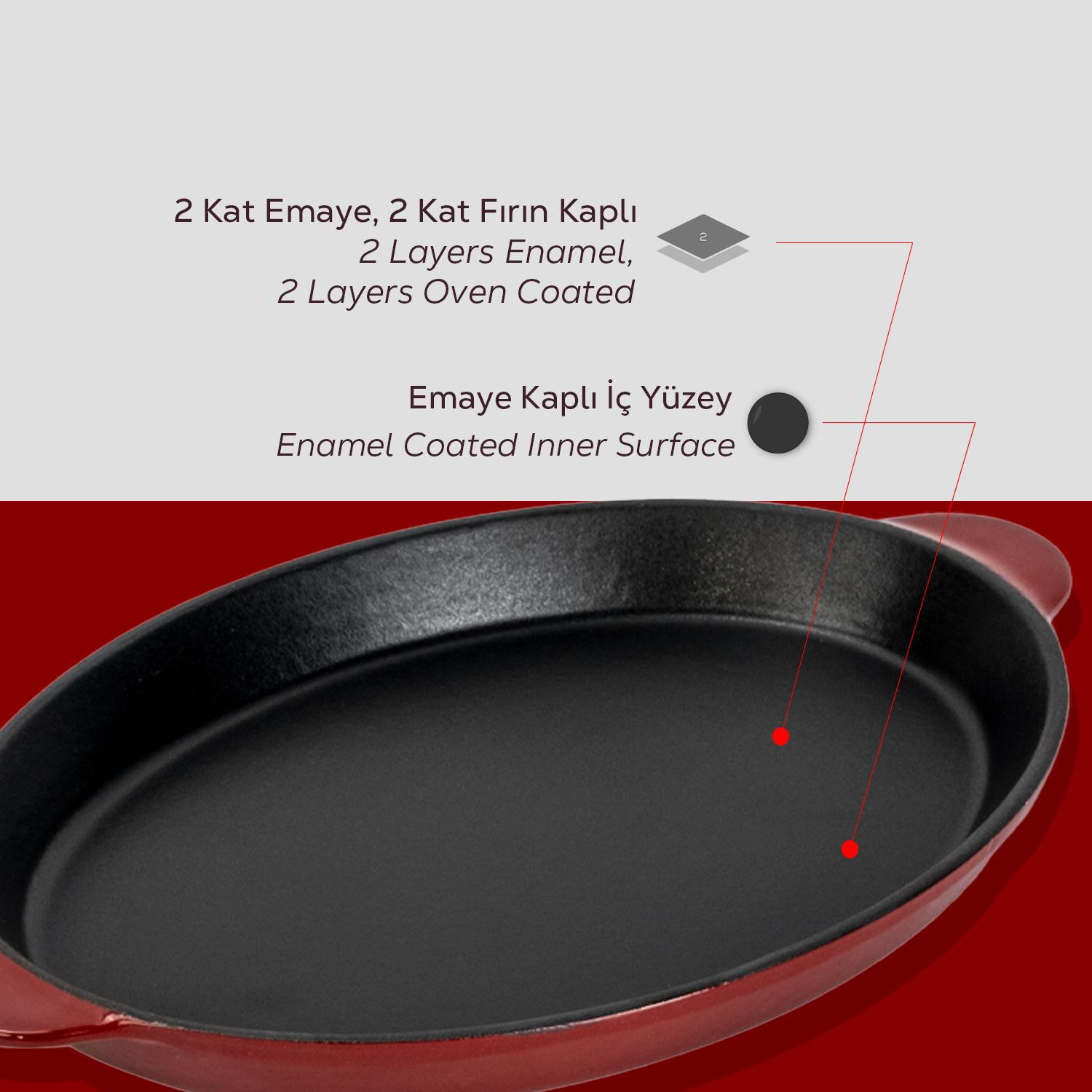 Kırmızı ve siyah oval bir tava. Metinde "2 Kat Emaye, 2 Kat Fırın Kaplı" ve "Emaye Kaplı İç Yüzey" yazıyor.