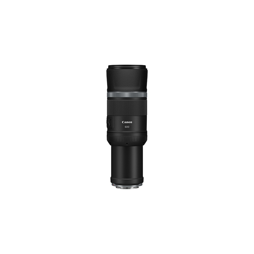 Ein schwarzes Canon 600mm Teleobjektiv, aufrecht vor weißem Hintergrund.