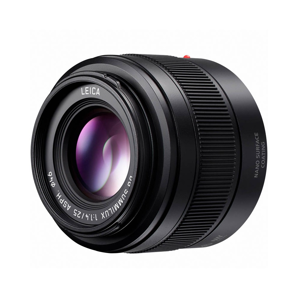 Czarny obiektyw aparatu Leica na białym tle. Zawiera tekst 'SUMMILUX' i 'LEICA'.